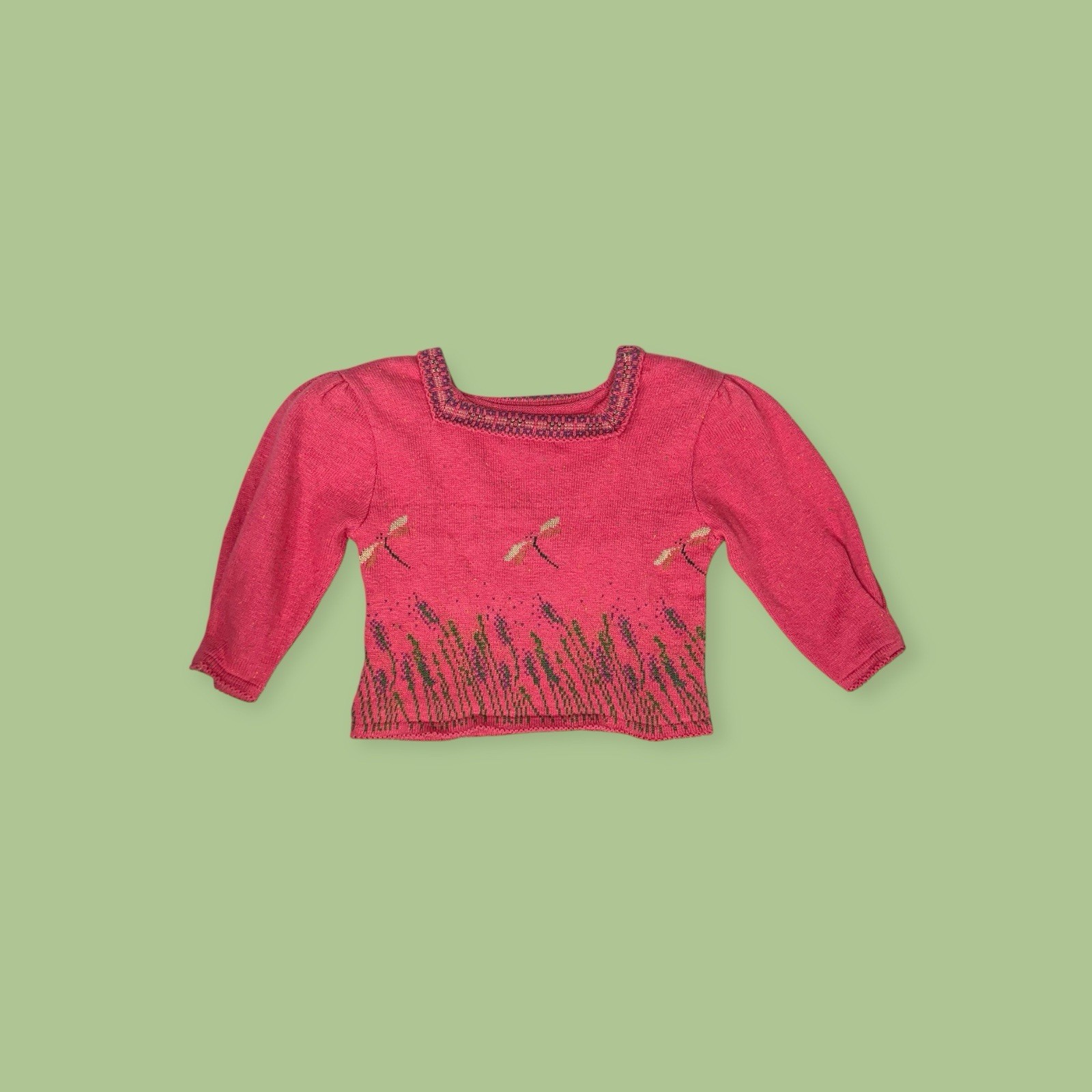 VTG 1990s COTTON DRAGONFLY WHIMSICAL CROPPED SWEATER Y2K FAIRY CORE BOHO PRAIRIE