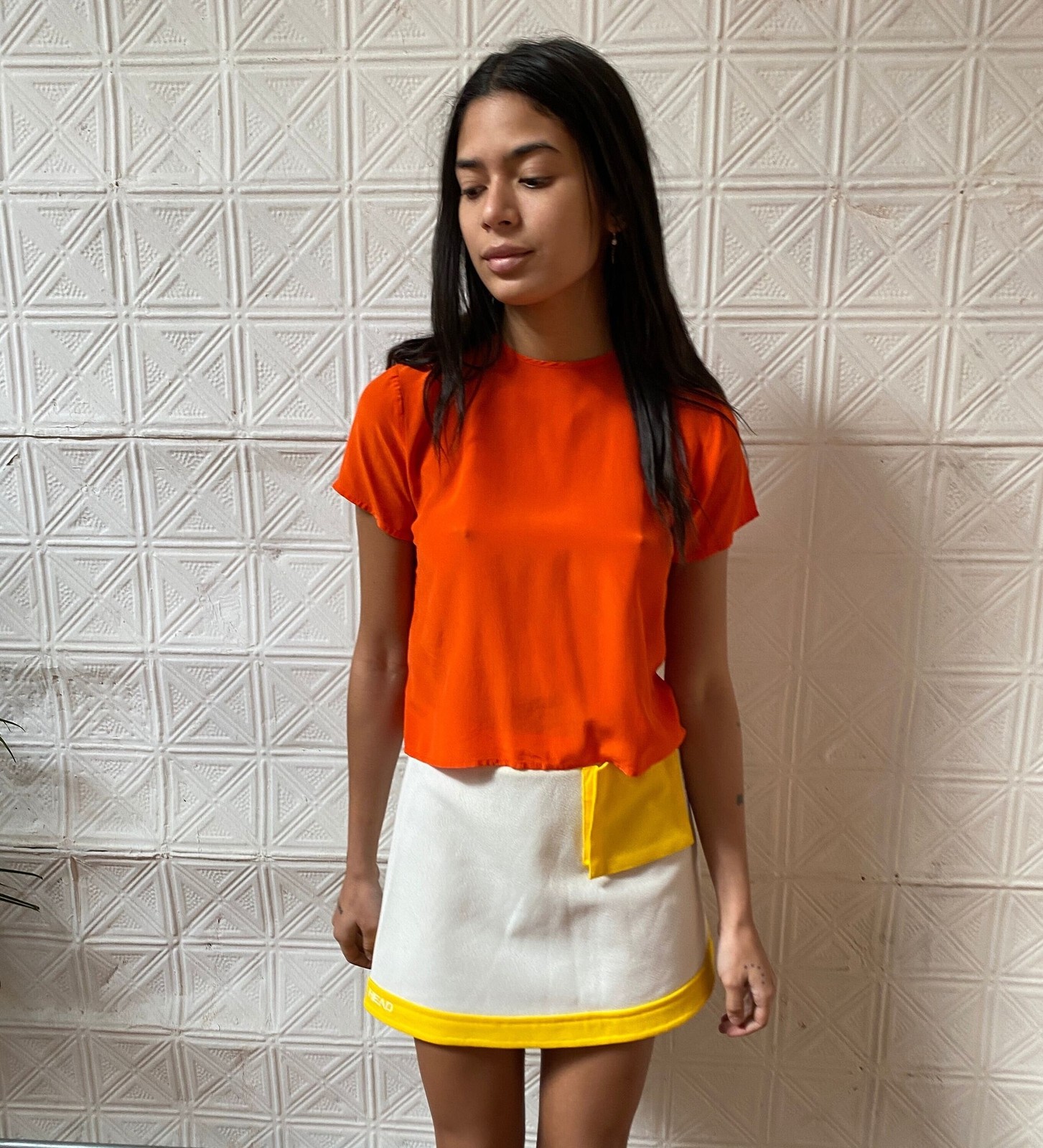 90s Orange Silk Crop Top – Petite Short Sleeve Blouse
