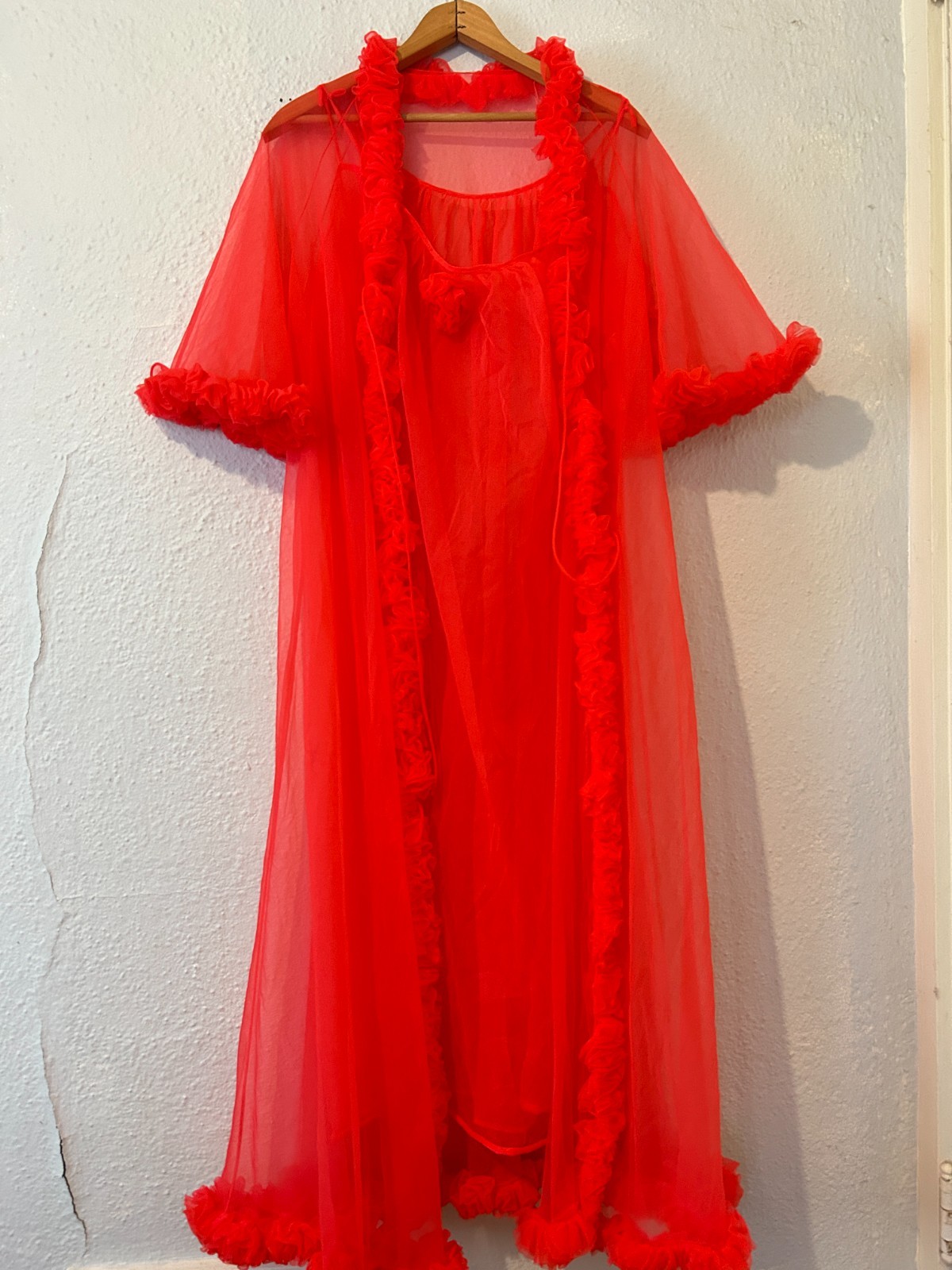 Vtg Movie Star Red Nylon Chiffon Sheer Dressing Gown Night Gown Robe Peignoir