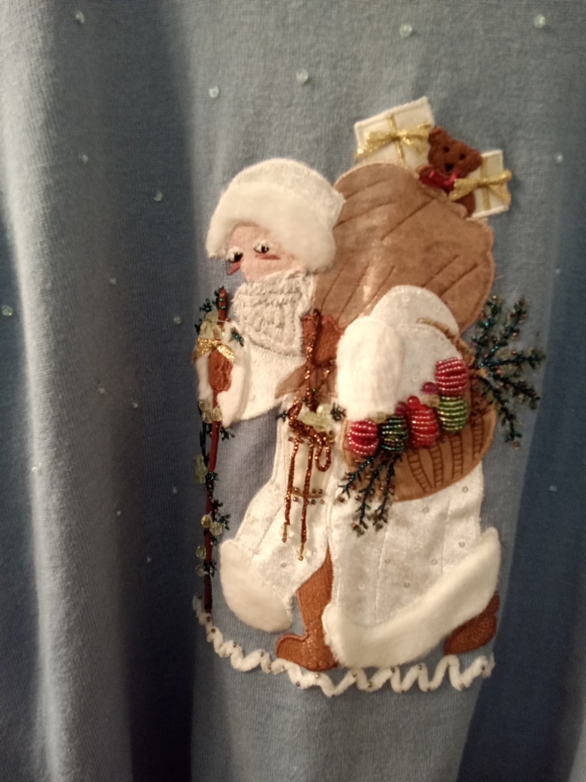 Vtg. Quacker Factory Christmas Sweater. Light Blue With Appliqued Santa. Sz. 1X