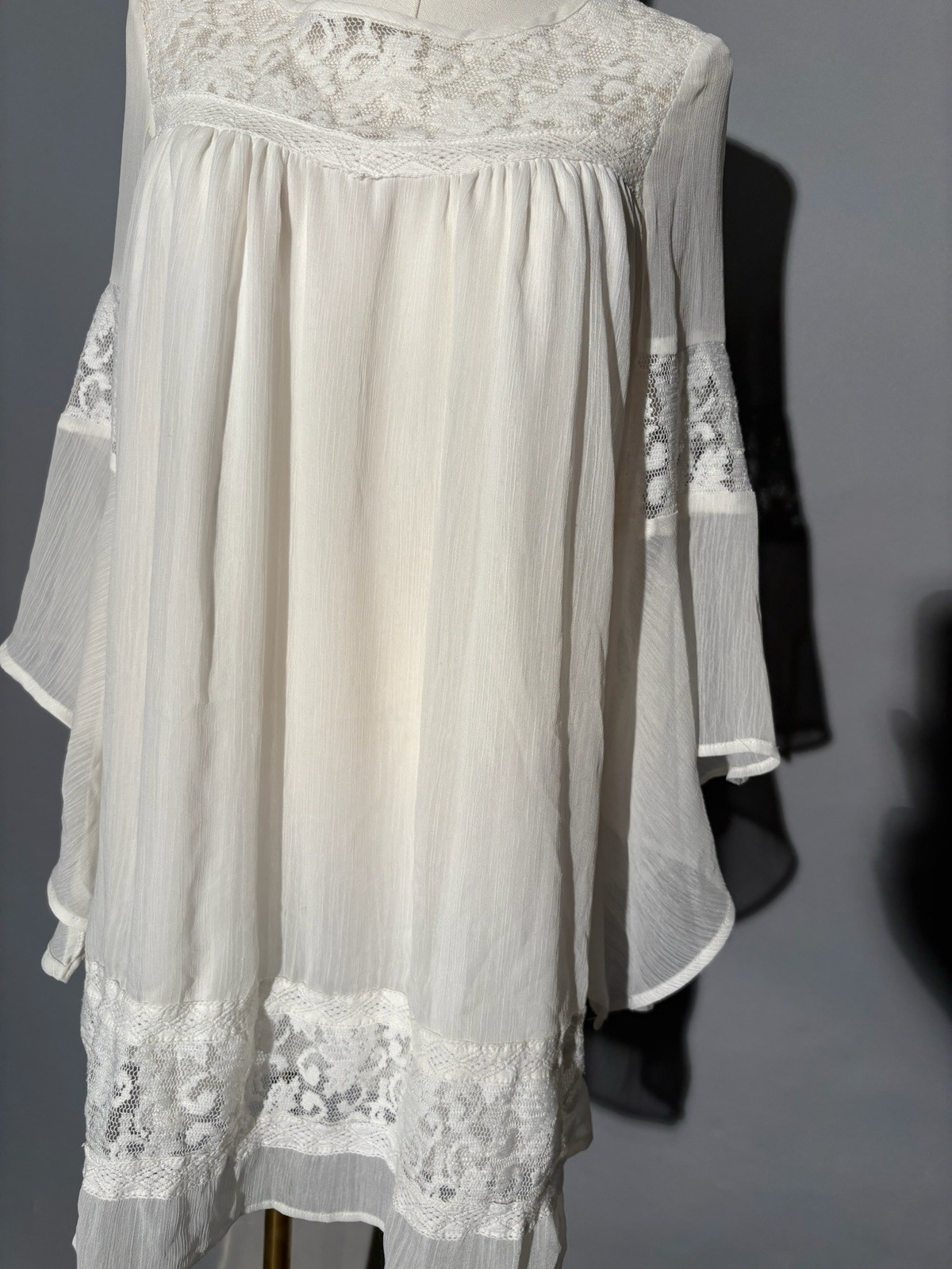 Vintage Style white peasant blouse with lace trim and bell sleeves Lingerie Top