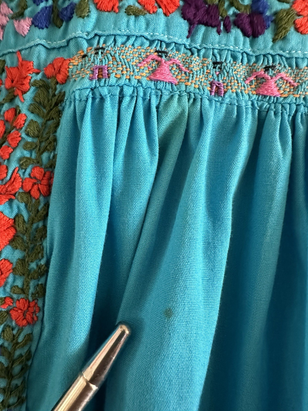 1970s Cotton Oaxacan Mexican Huipil Dress Embroidered Maxi STAINED AS IS Vintage