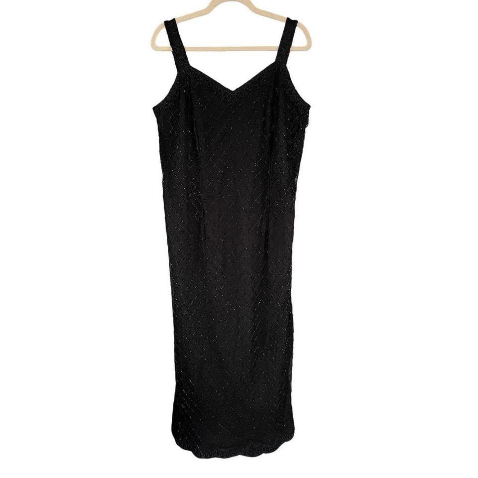 J1 Stenay Vintage Black Silk Beaded Diamond Lattice Midi Dress Plus Size 18W
