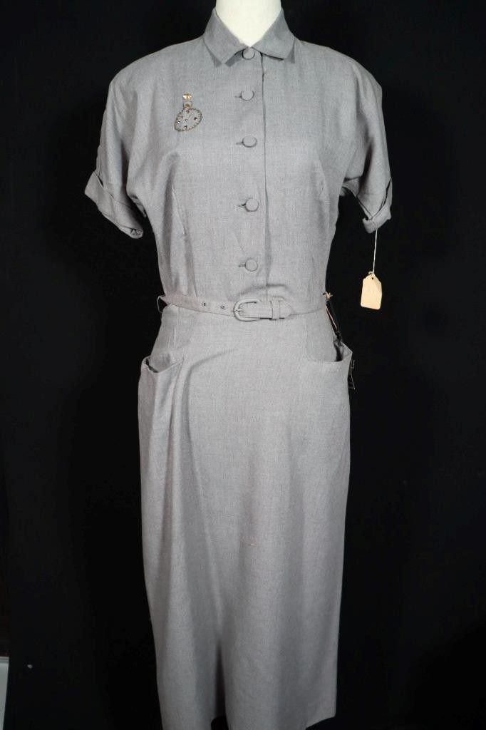 Vintage Deadstock Fancy 1950&rsquo;S Taupe Rayon Gabardine Dress Size 6-8 With Tags