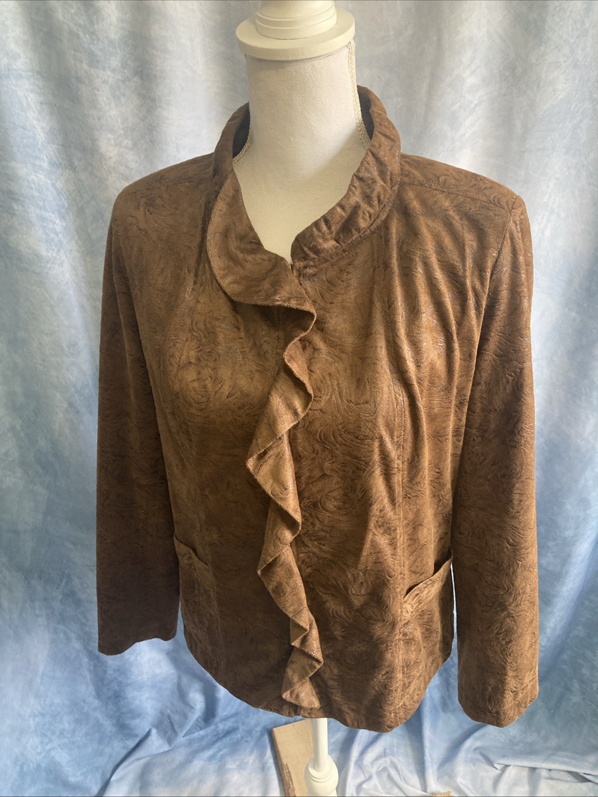 Elementz Brown Faux Suede Ruffle Front Jacket Size M EUC Vintage Y2K MFLJ0128