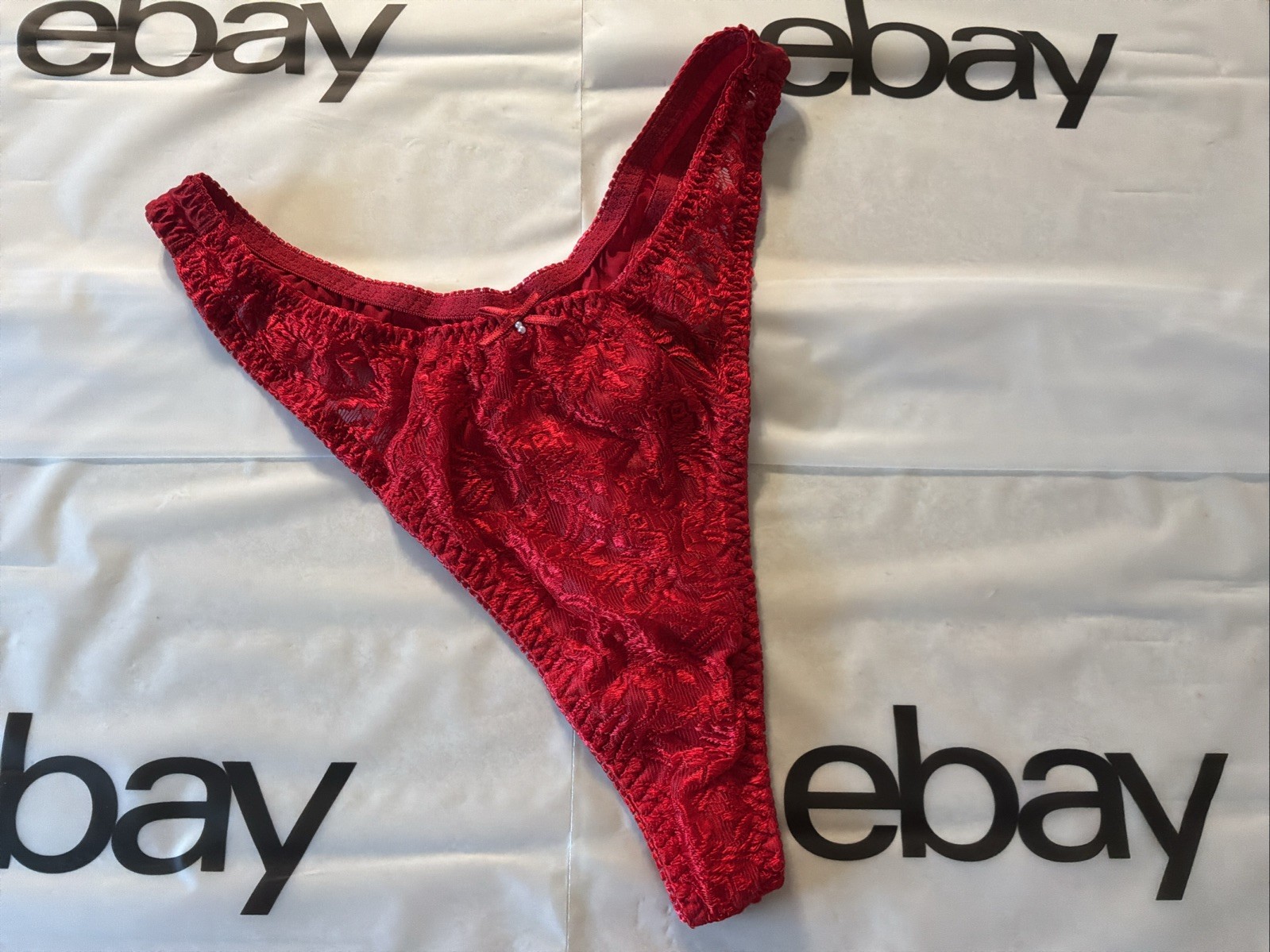 VTG 90s Silkscreen RED Floral Lace SILK String Bikini Panties Bow Sz 7/L UNWORN
