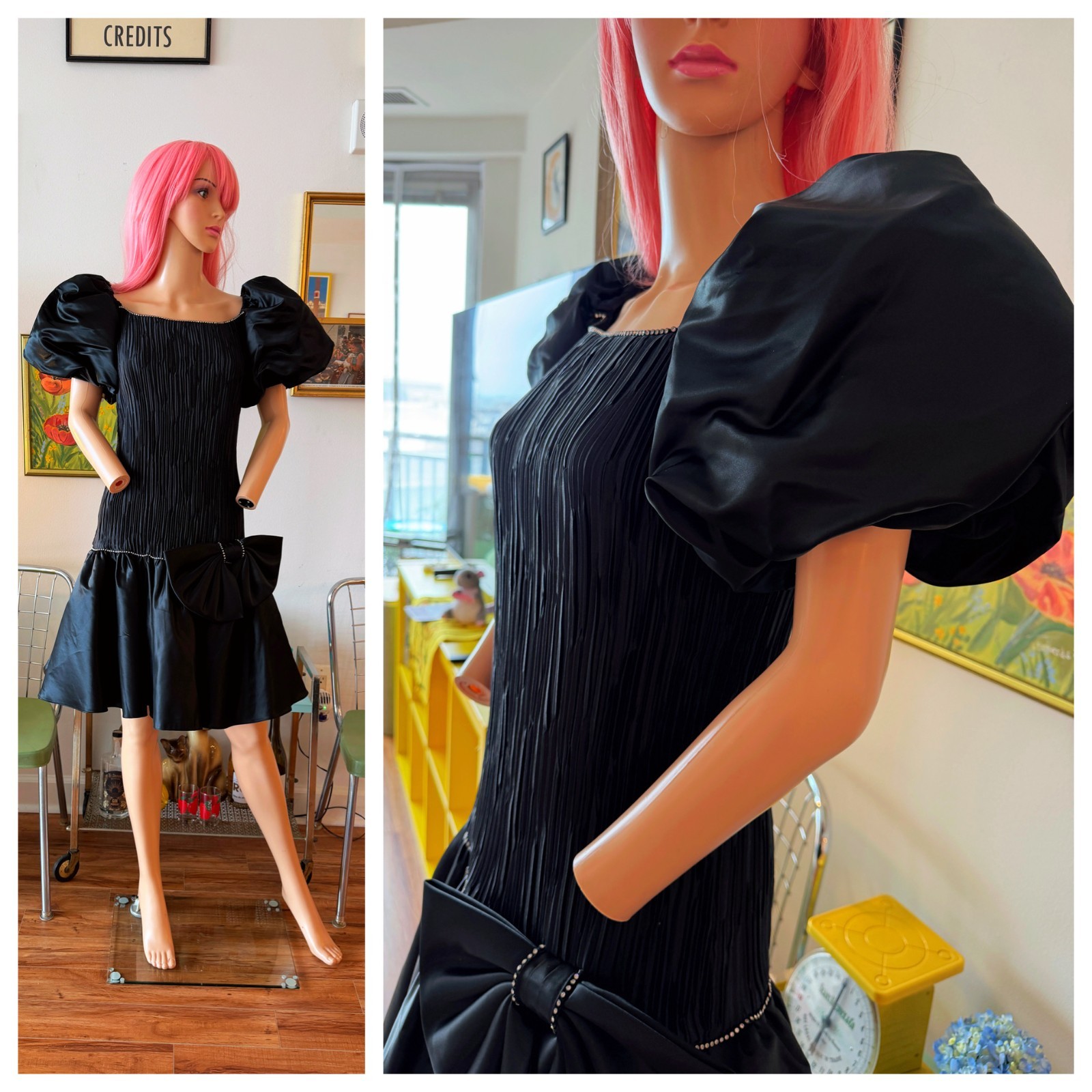 🖤 Vtg 80s Black Puff Sleeve Accordion Pleat Drop Waist Bow Cocktail Dress M L