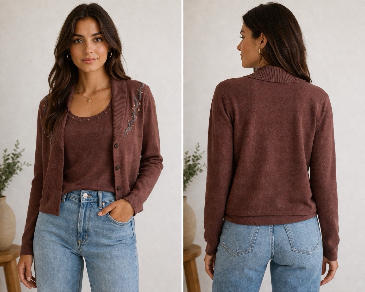 VTG 90s Cyrillus Brown Embroidered Shawl Collar Cardigan w/ Matching Tank Large
