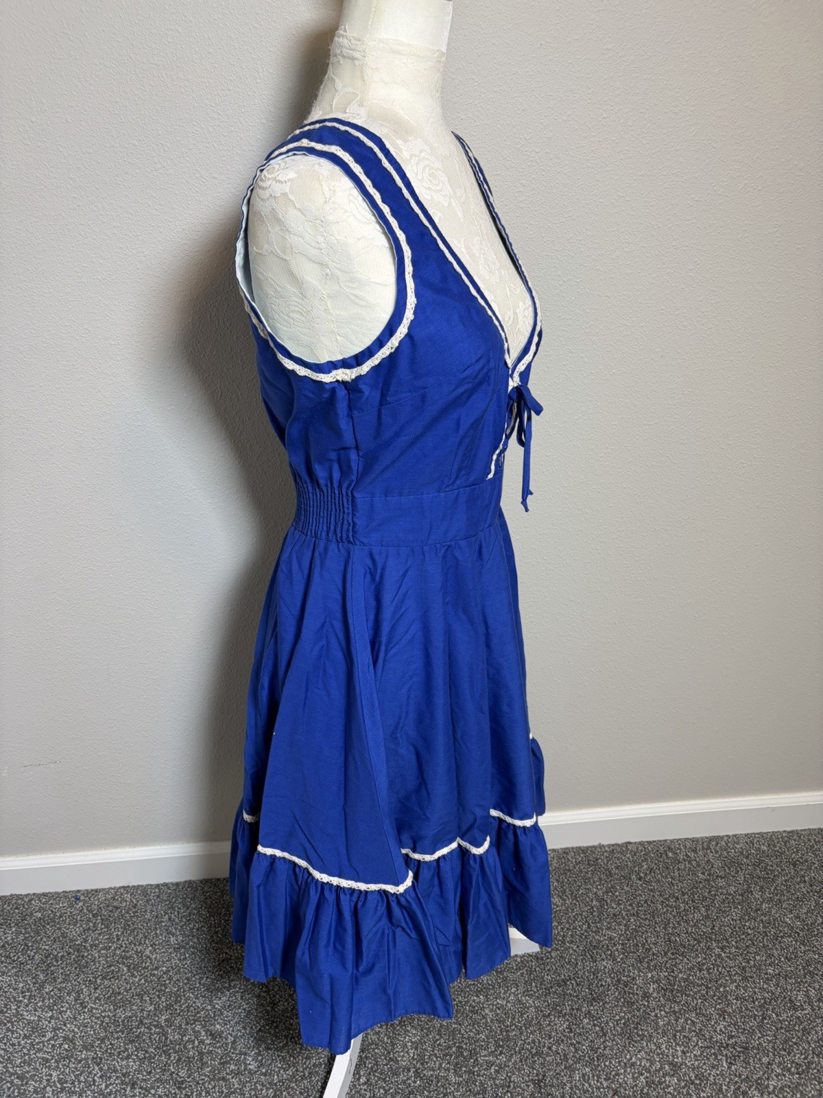 Vtg. 70&rsquo;s Partner Please Square Dancing Dress~14~Blue Lace up Bodice Rockabilly