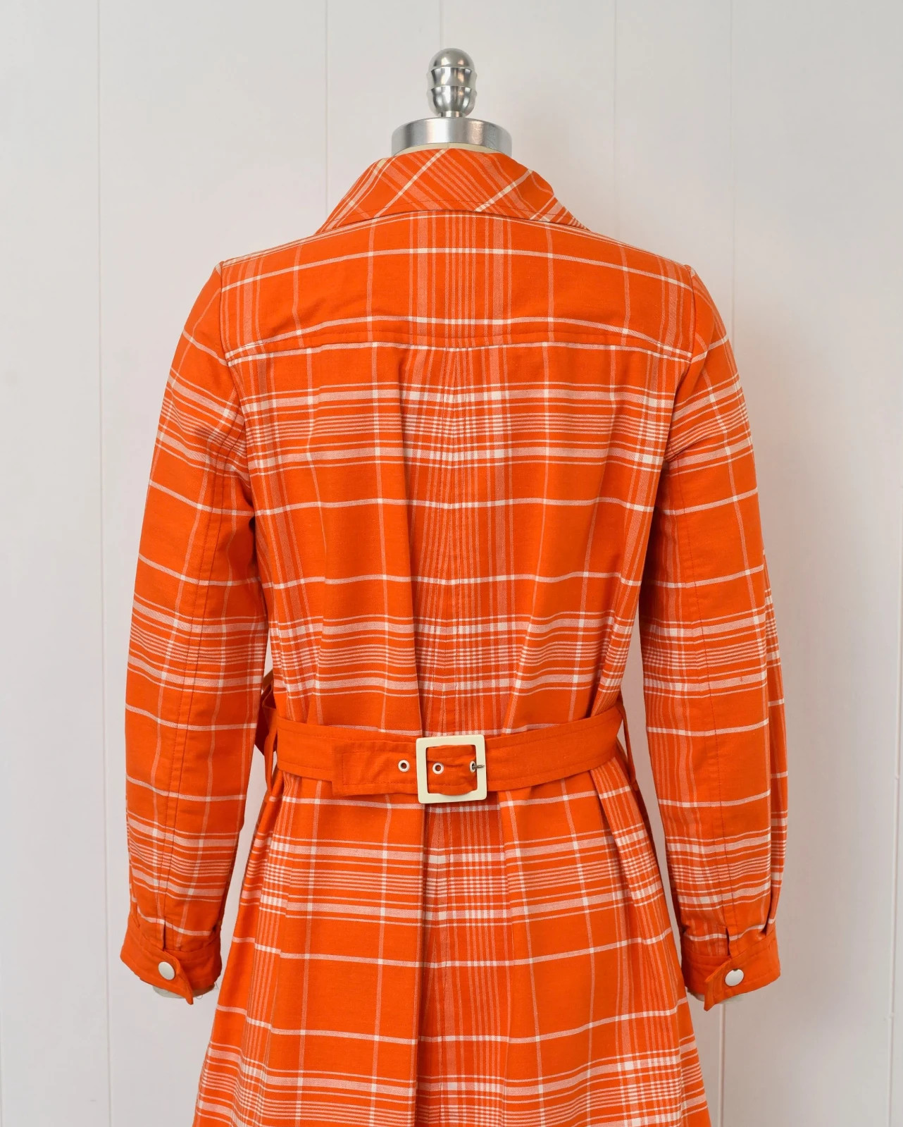 1970s Courreges Hyperbole Orange White Plaid Cotton Coat Jacket Dress