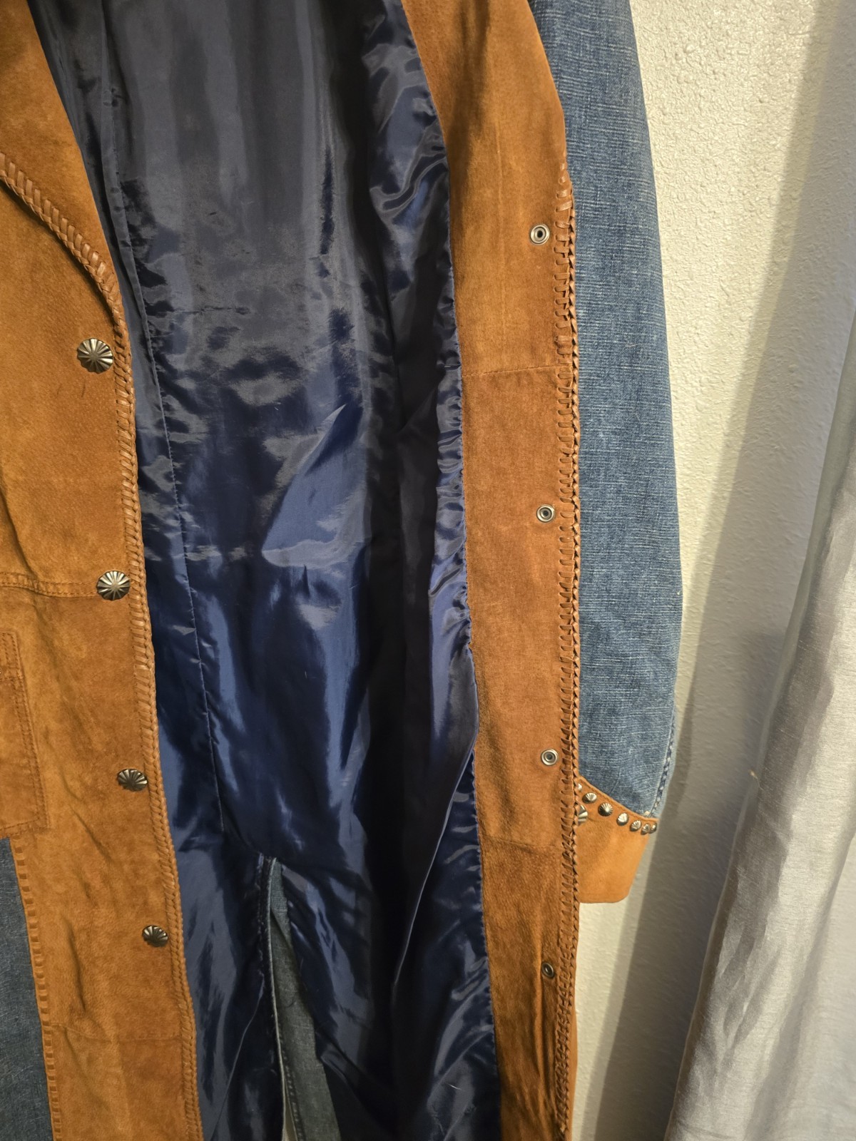 Vintage Cripple Creek Western Leather Denim Duster Long Jacket Trench Coat