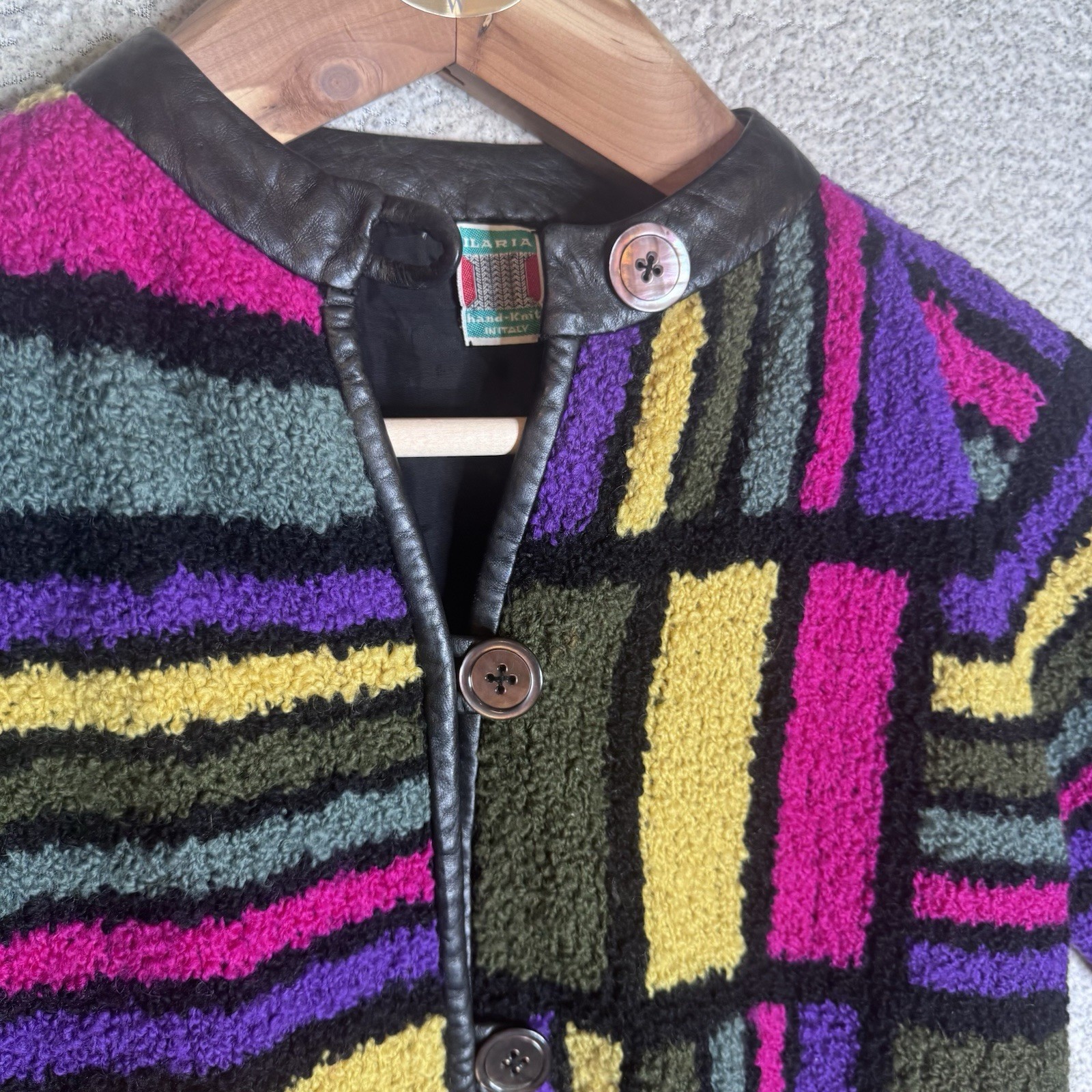 60’s Ilaria Technicolor Colorblock Geometric cardigan sweater Leather Trim