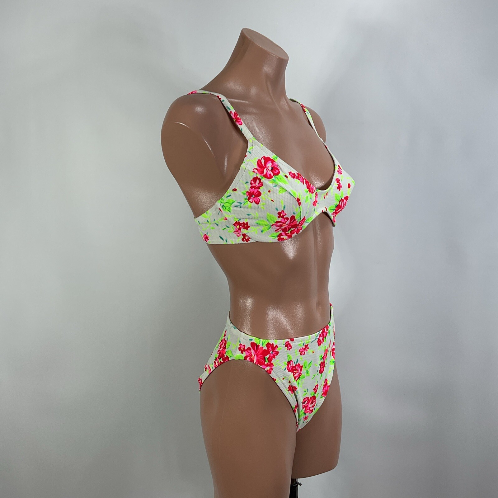 Vintage 90s 80s Floral Rose Bikini Swimsuit Sexy 7/8 Underwire High Cut NWOT USA