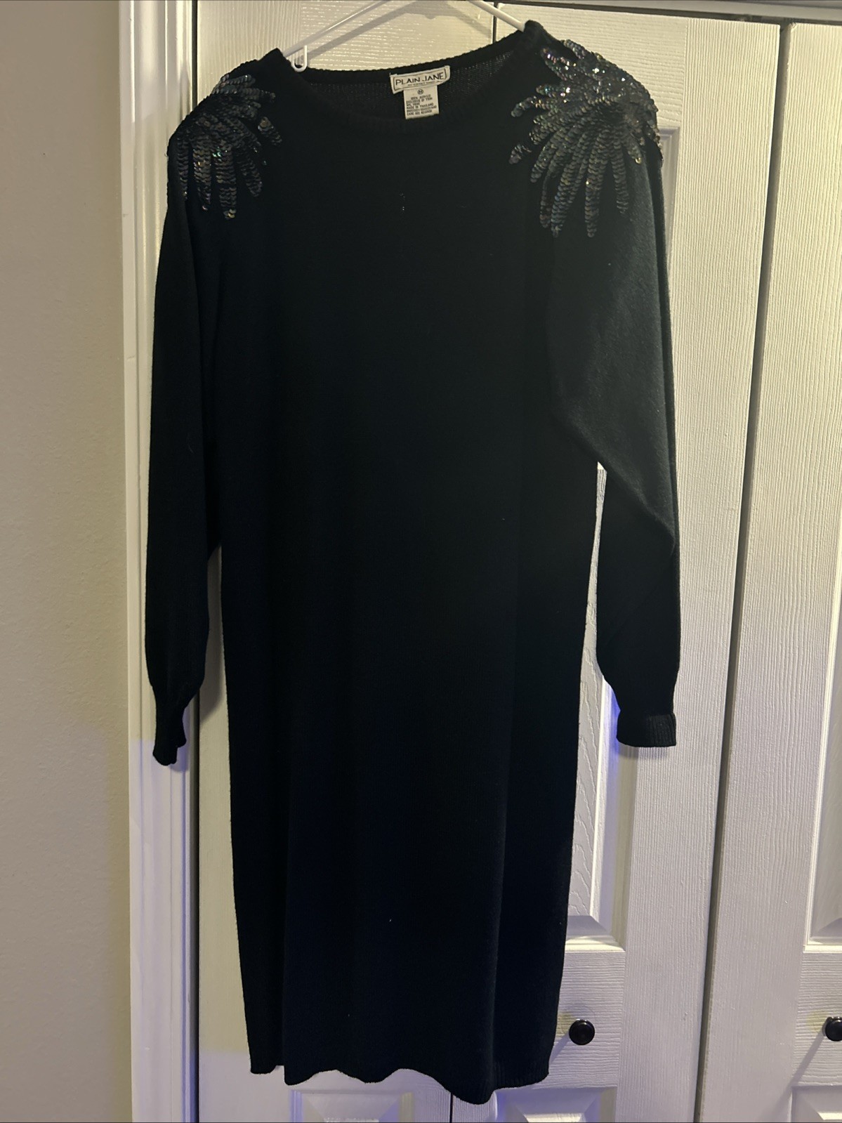 Vintage 80s Plain Jane Black Acrylic Sweater Dress Long Sequins Belted Glam Med