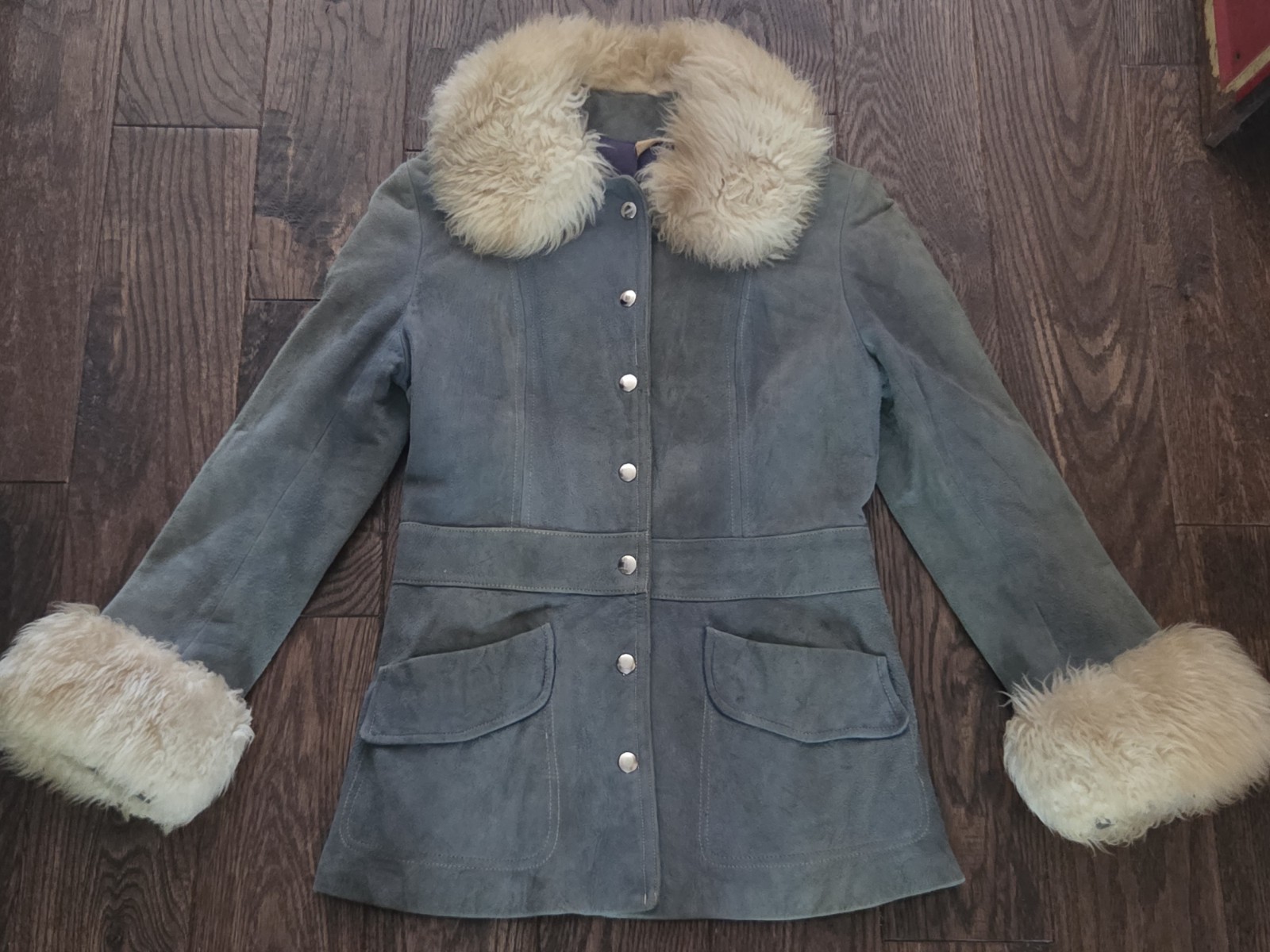 Vintage Gray Suede Leather Coat Tibetan Lamb Fur Collar Cuffs 1950s 1960s