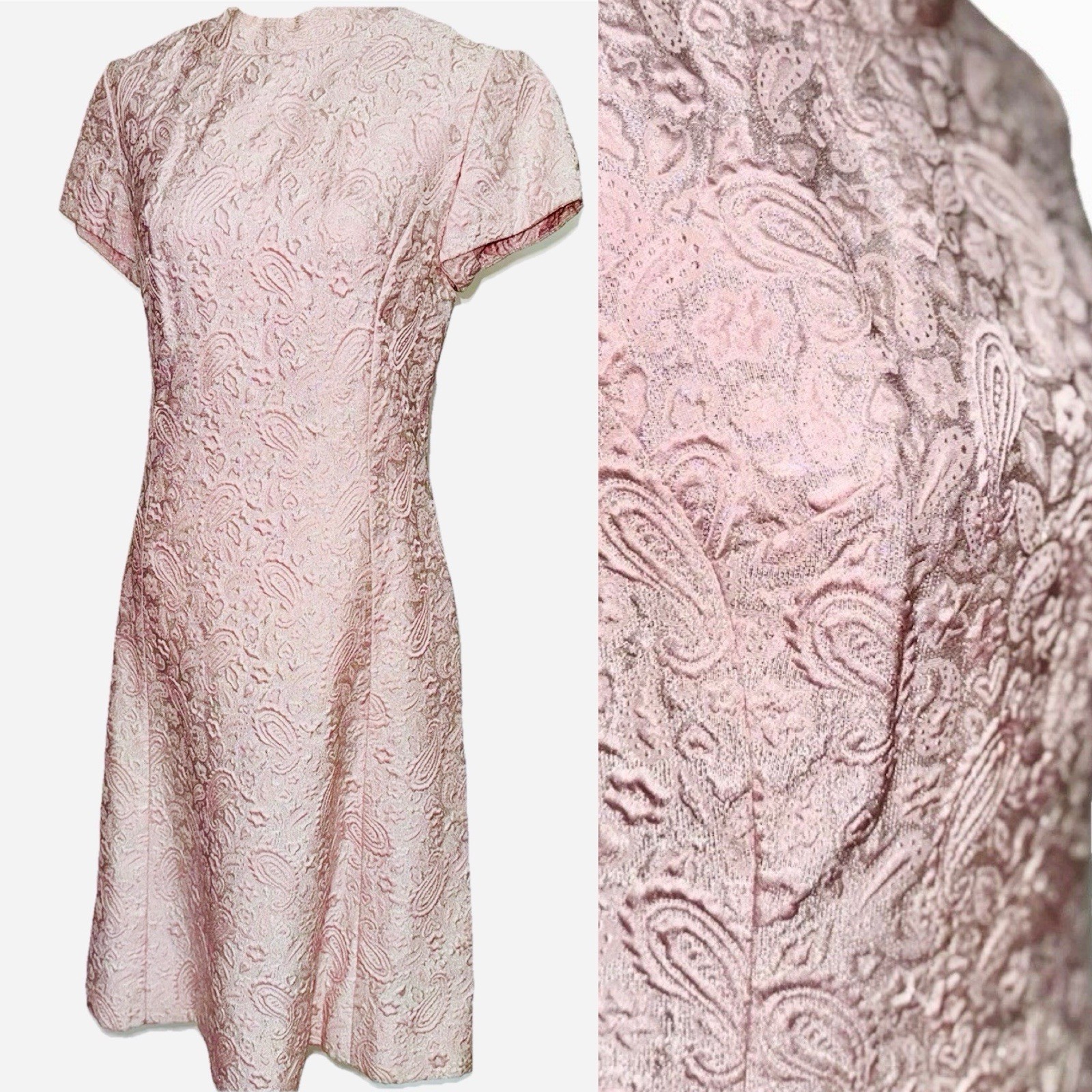 Vtg Party Dress 60s Paisley Pink & Silver Brocade Mod Cocktail Harmay S 6 36