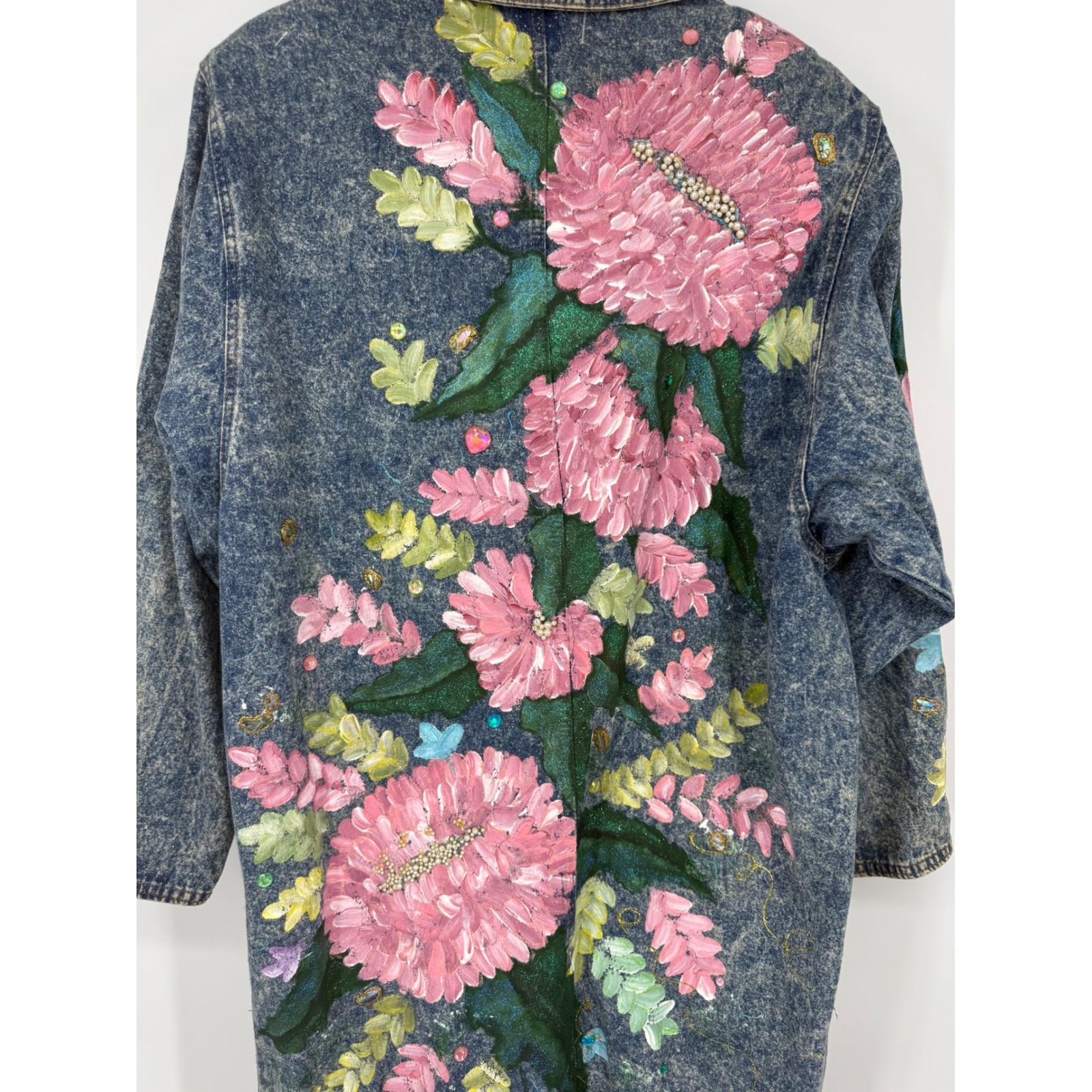 Vintage Fit America Womens Large Denim Trench Coat Hand Painted Floral Acid Wash
