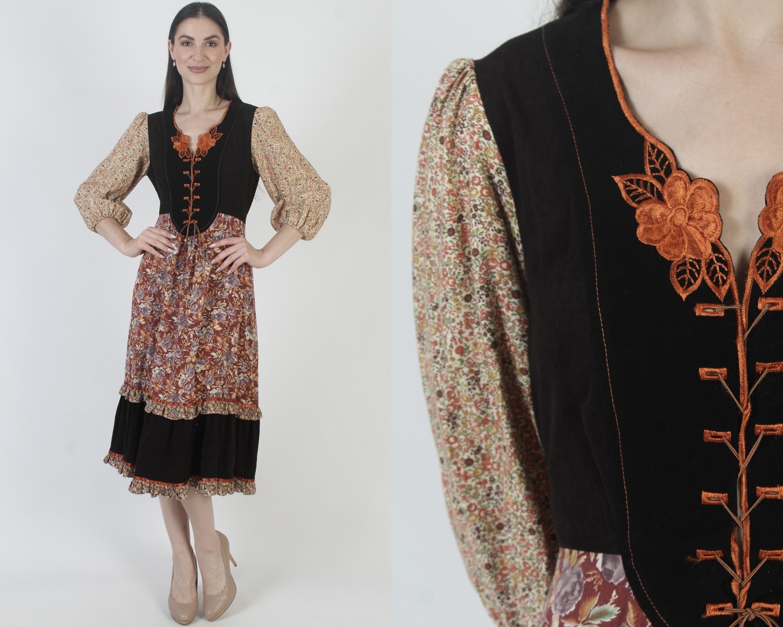 Vtg 70s Young Edwardian By Arpeja Dress Calico Corset Prairie Boho Wedding 11
