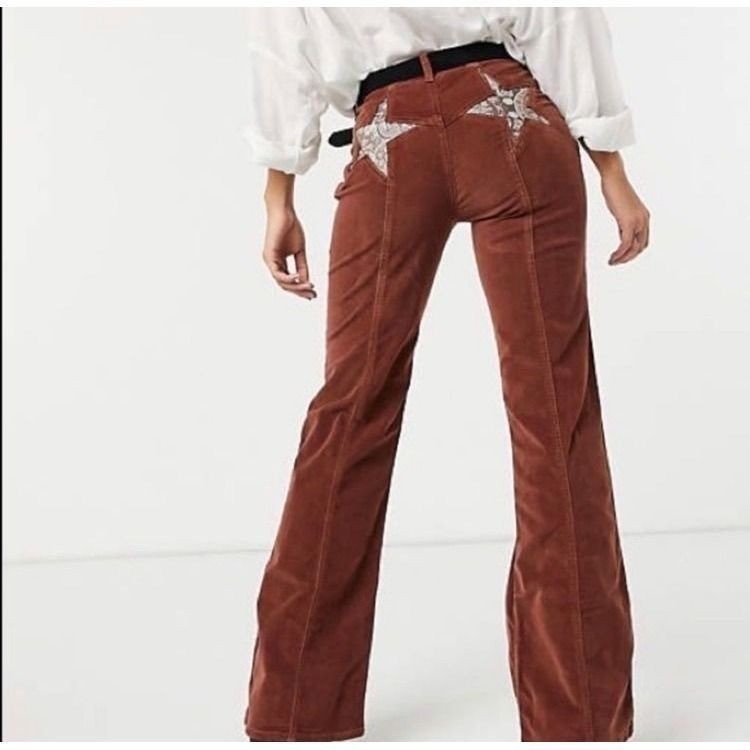 We The Free Free People FIRECRACKER Star Patchwork Corduroy FlarePants Rust 27