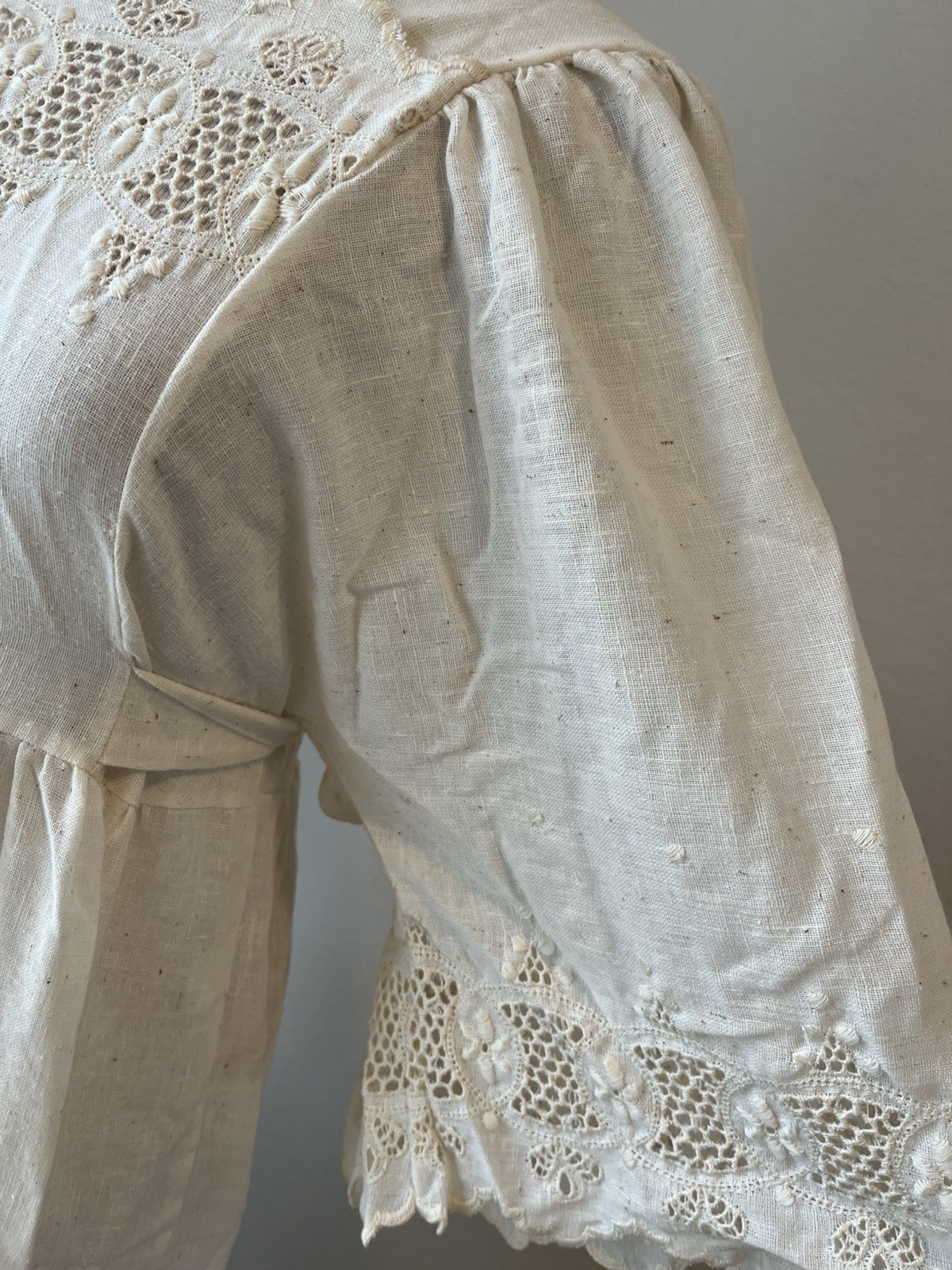 Vintage 70s Kaftan Dress Eyelet Cotton Blend Size L Gauzy Goddess Prairie USA