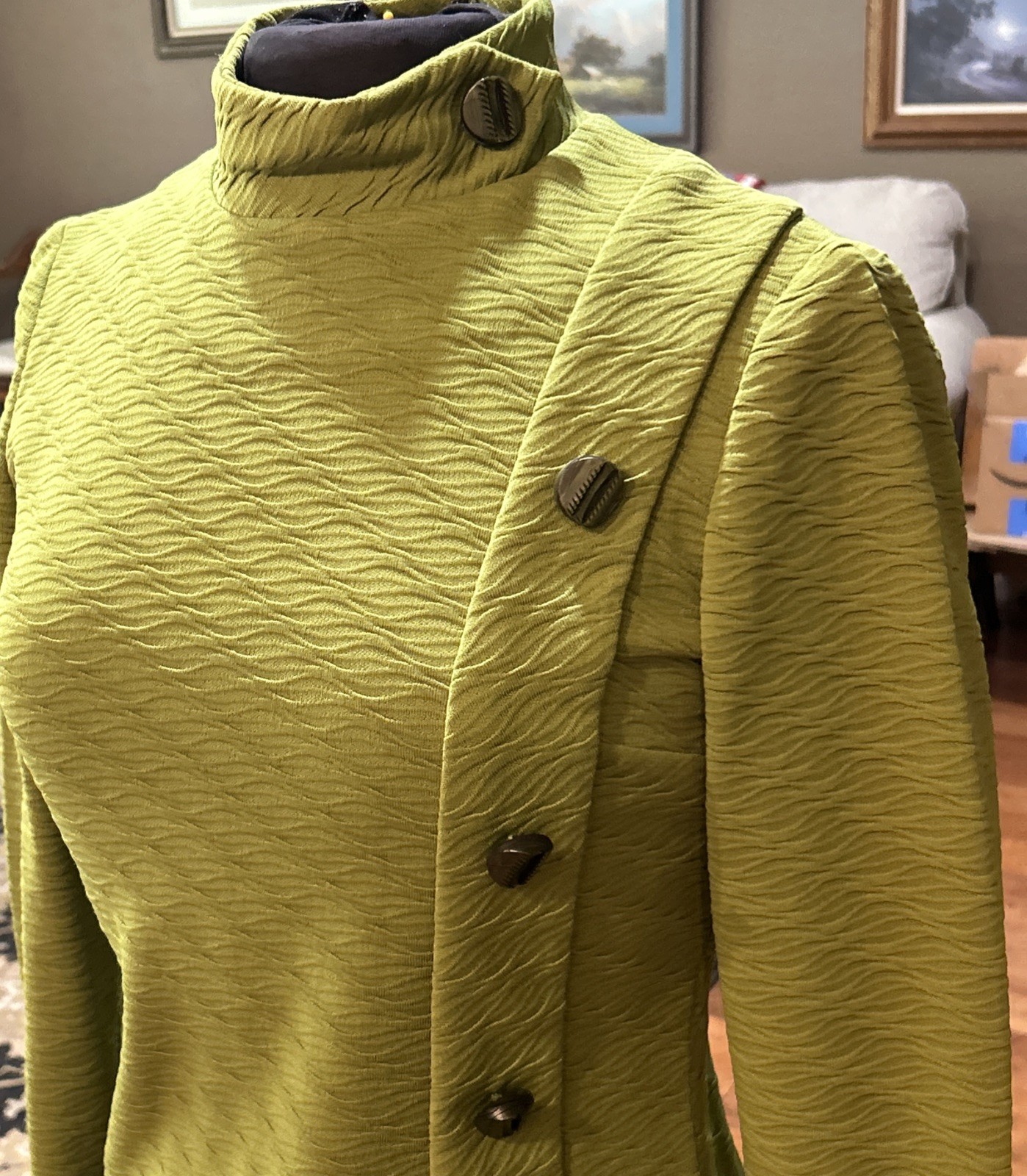 Vintage Retro Mod Dress 60s 70s Acacado Green Polyester Handmade Medium