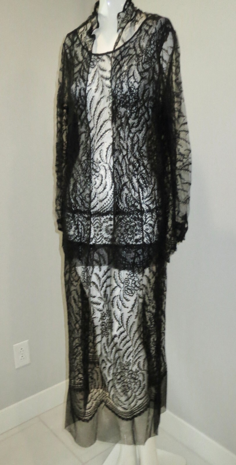 Antique Edwardian Gown + Jacket Chantilly Lace Pleated Back Ex Cond