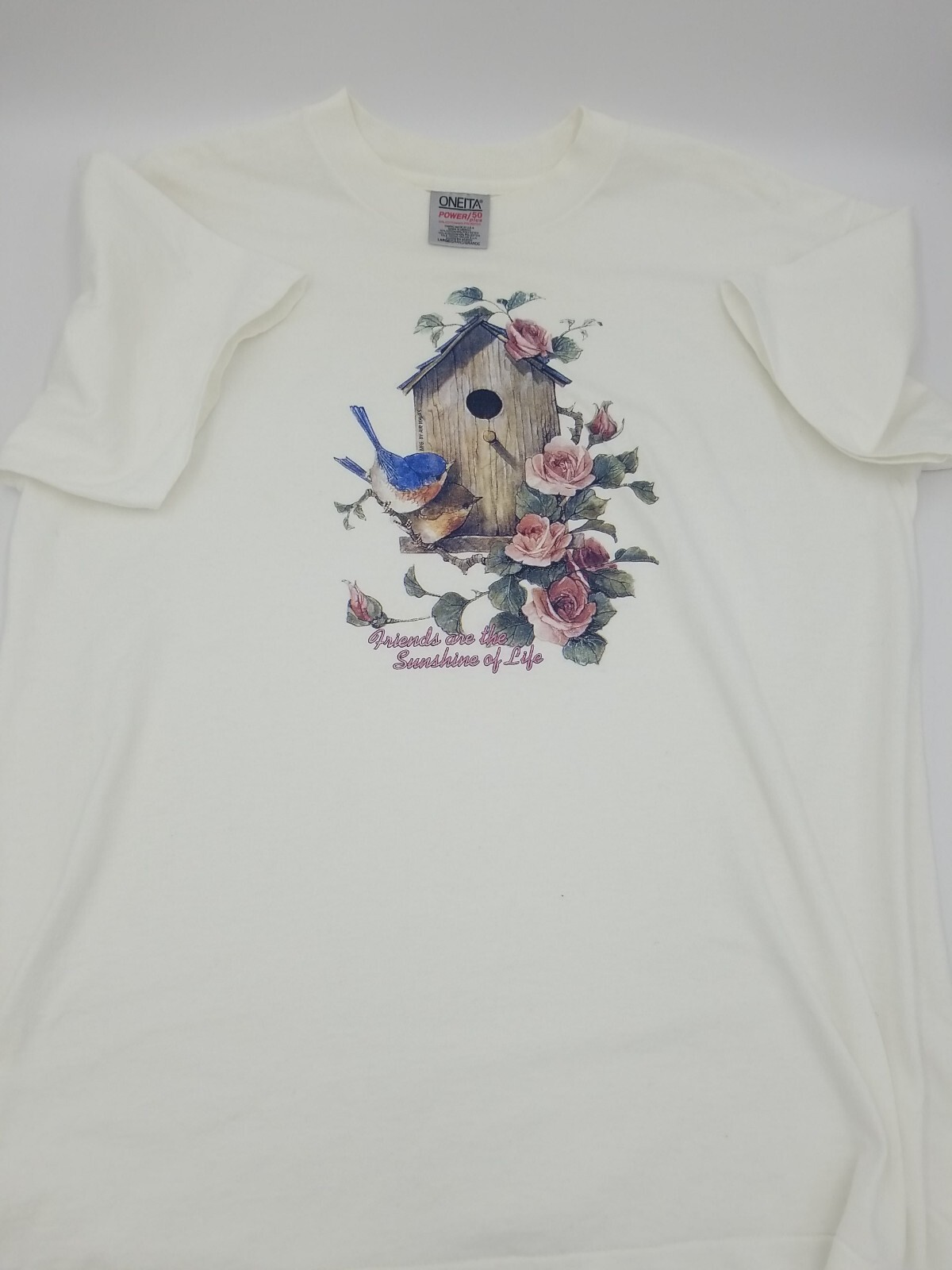 Vintage Oneita Power 50 Plus 90&rsquo;s T-Shirt Wrens w/Birdhouse & Roses Size Large