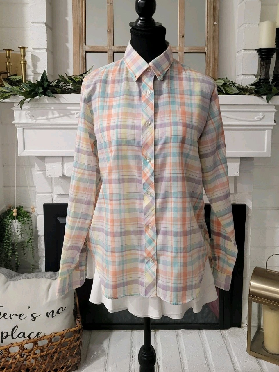 VINTAGE 80S SEARS Pastel Plaid Buttun-up Long Sleeve Womans Shirt No Size Tag