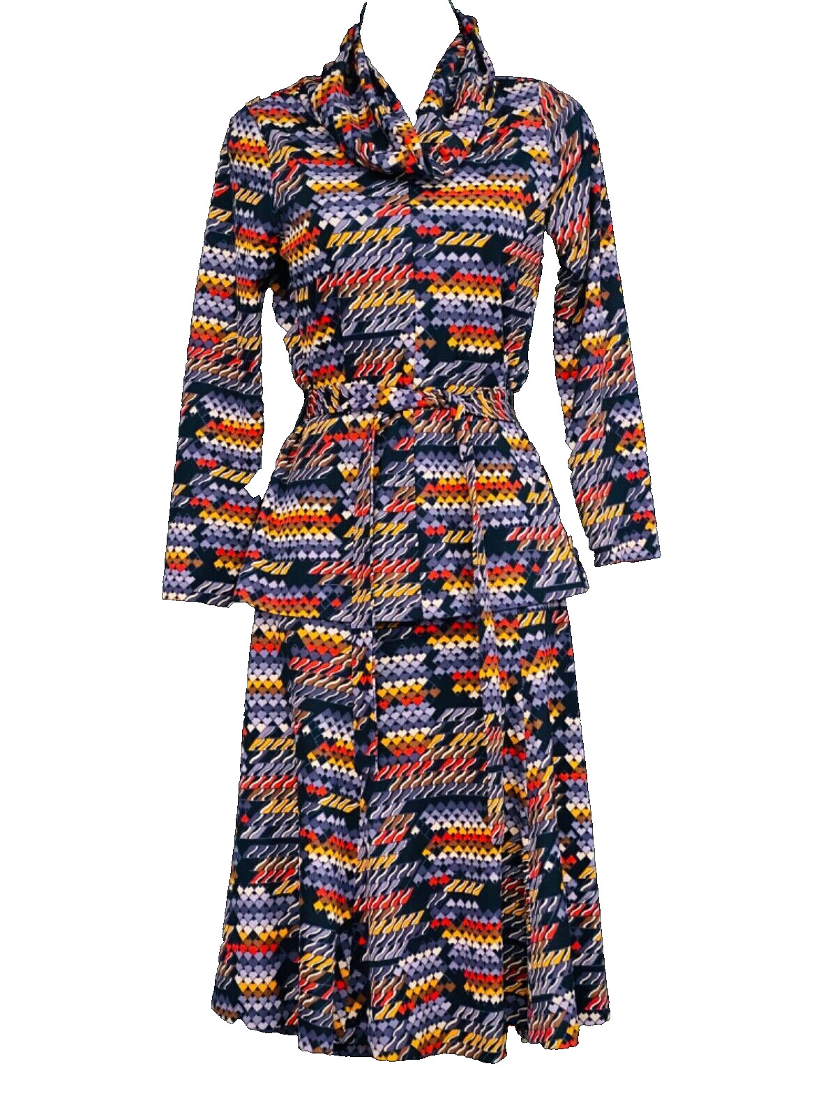Vintage 1970s colorful cowl-neck dress set, skirt top blouse long sleeve fall S