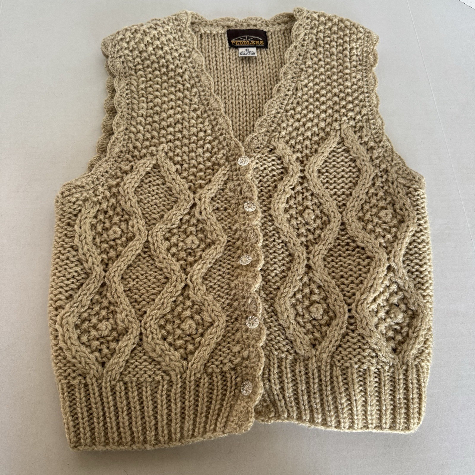 VTG Peddlers 70s Crochet Vest Oatmeal Tan Flower Buttons Women’s Medium