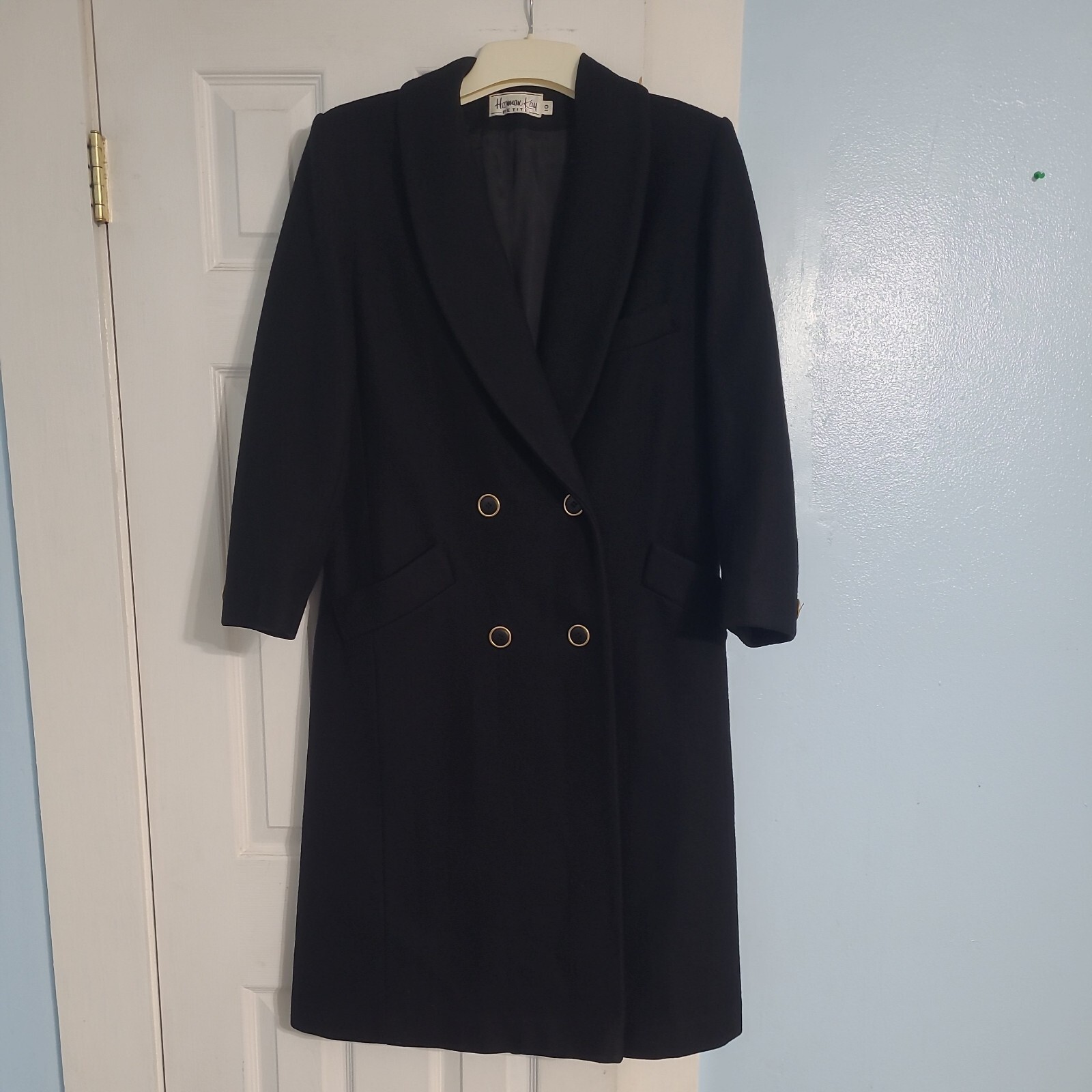 VTG 70s 80s Herman Kay Black Wool Double Breasted Pea Coat Womens Made in USA
