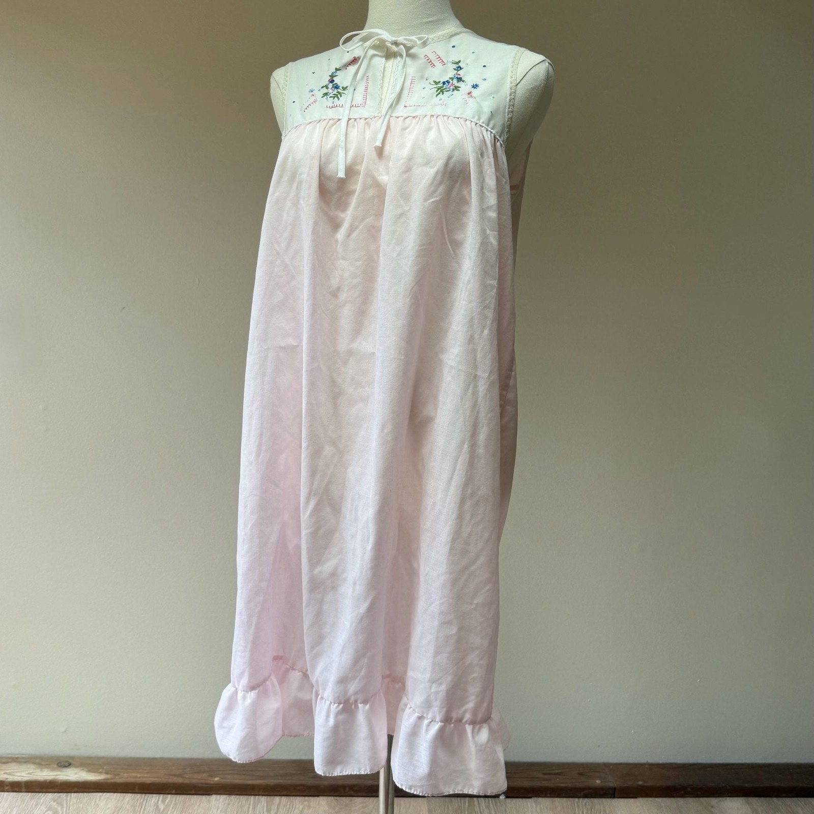 Vintage Montgomery Ward Pink Floral Embroidered Sleeveless Nightgown