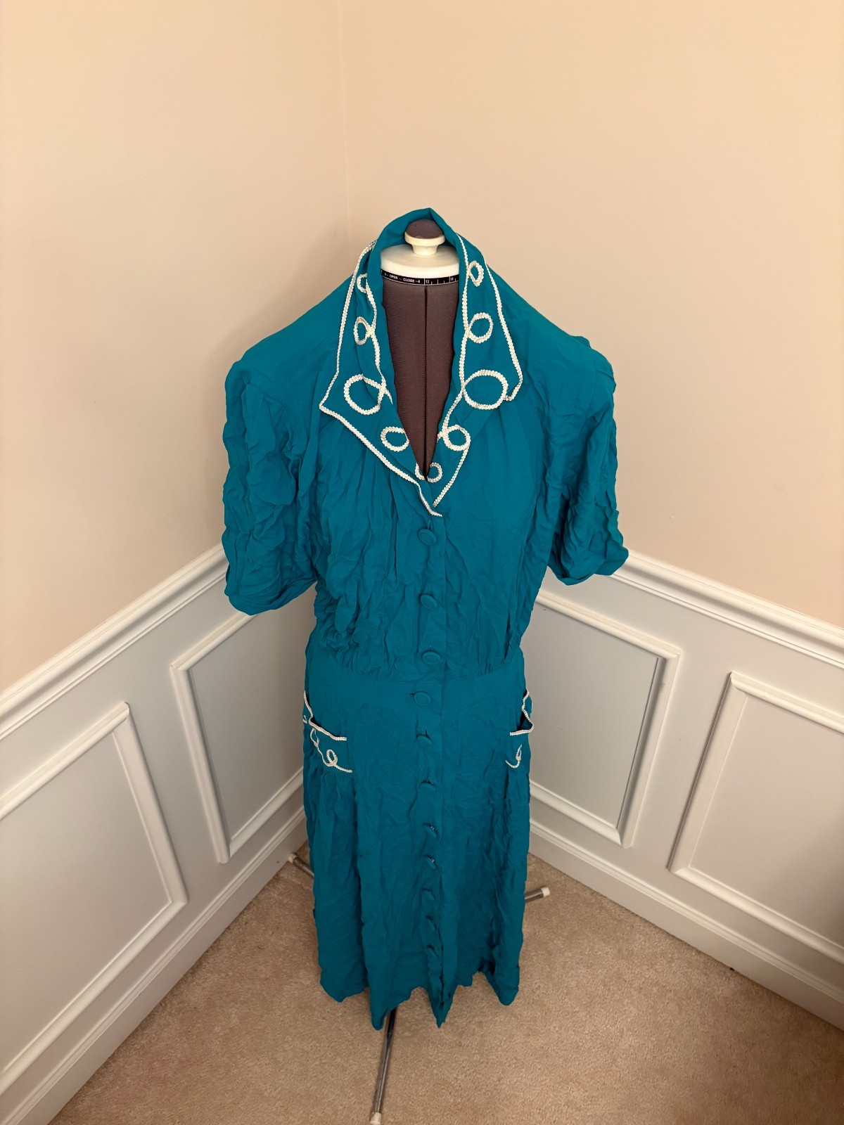 Vintage Karin Stevens Turquoise Western Style House Dress Size 16T *Sm Hole