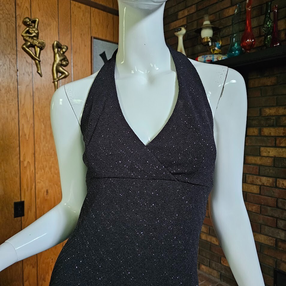 Vtg 80s Silver Glitter Goth Mermaid Backless Halter Dress Evening Prom Gown S
