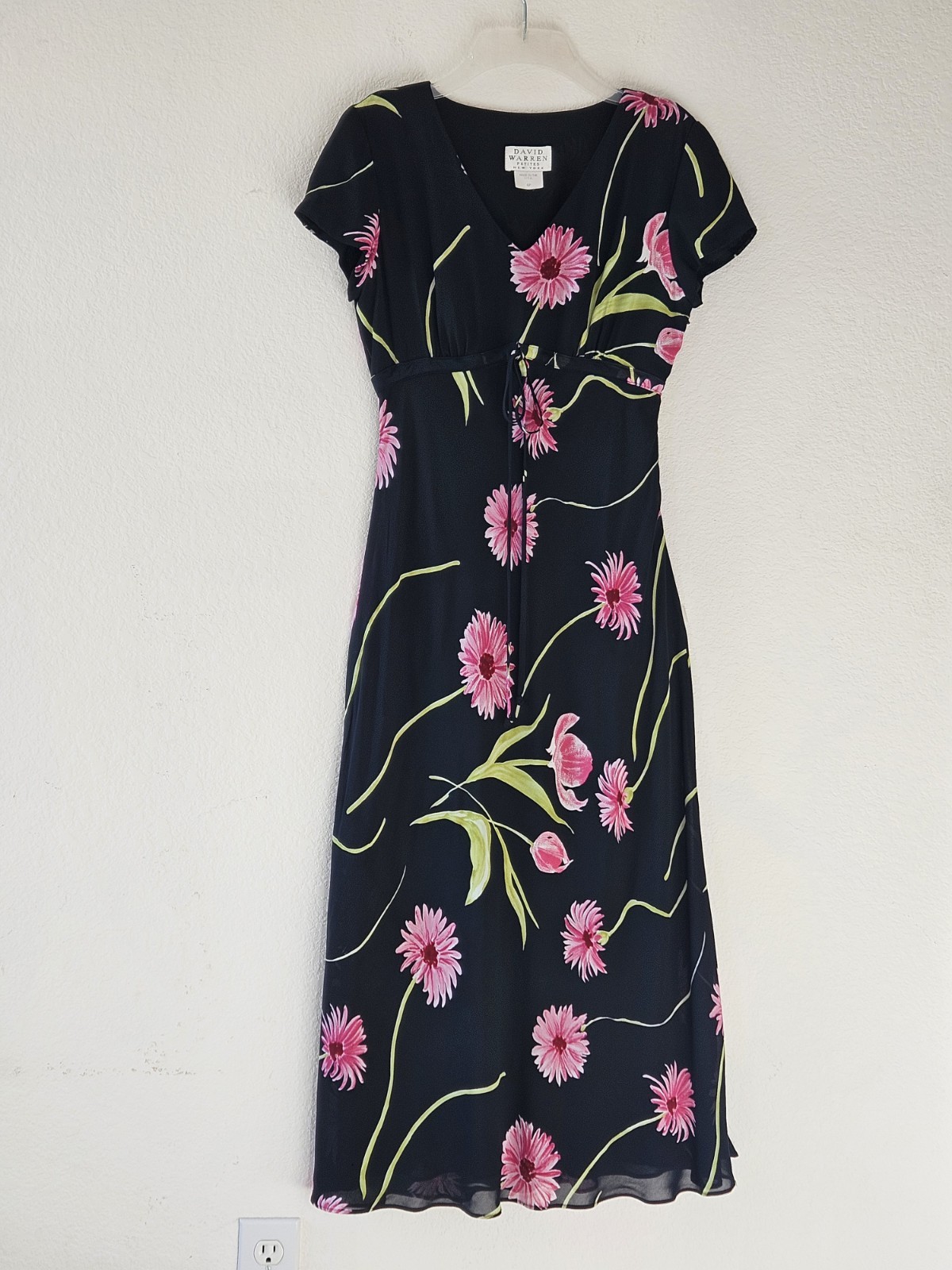 Vintage 90s David Warren Black Pink Floral Chiffon Maxi Dress Women Size 6P