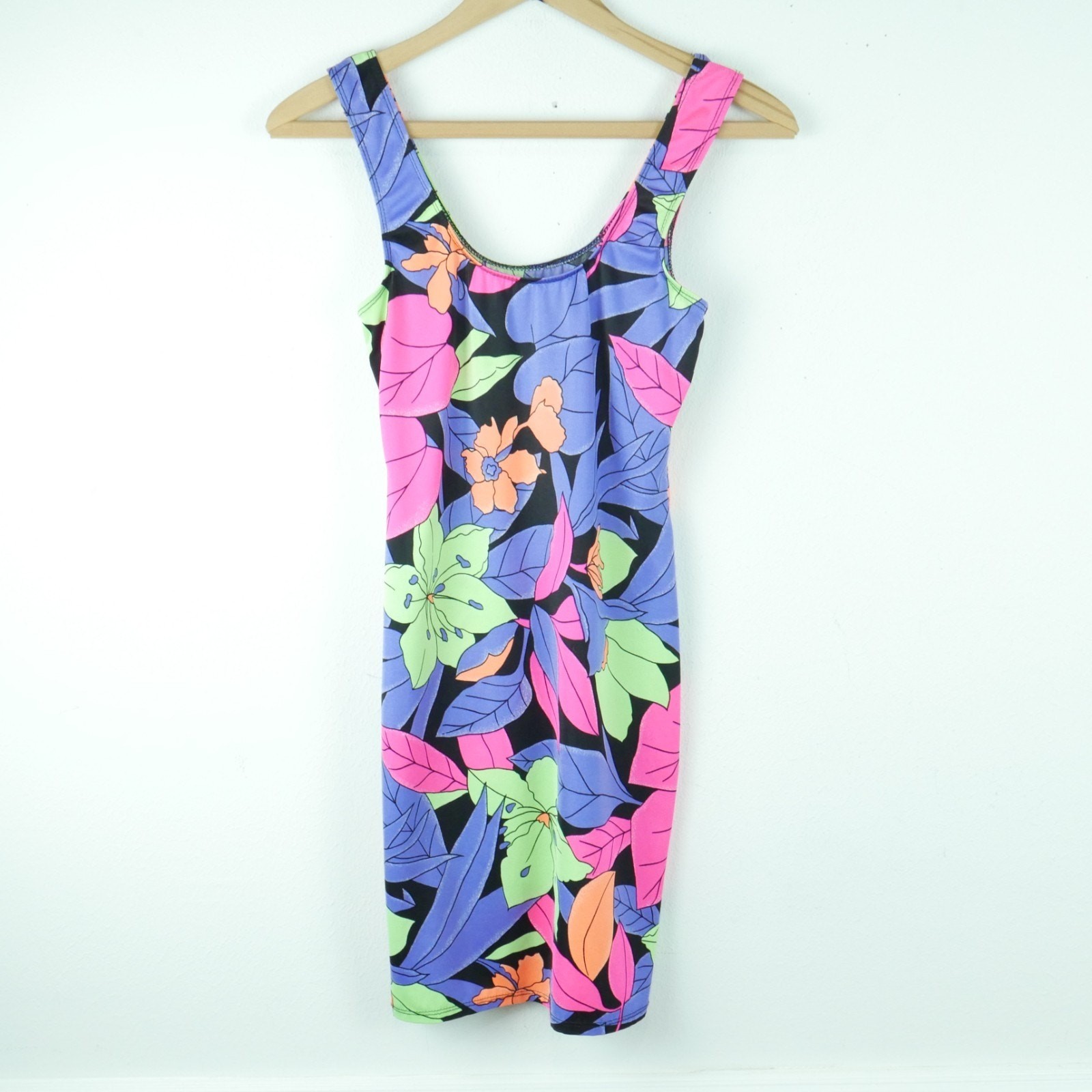 Vintage XS S Swim Dress Multicolor Neon Bodycon Mini Beach Resort Tropical Print