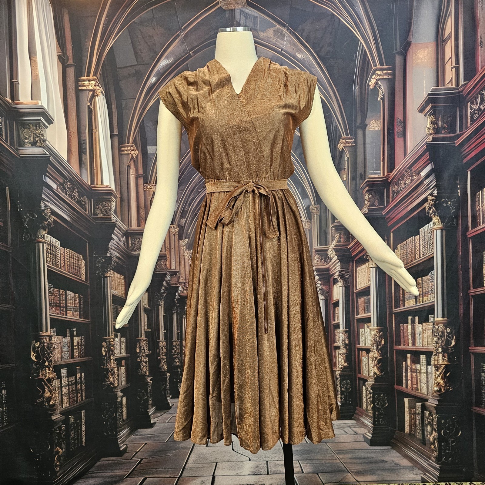 Vintage 1970s Dress Copper Brown V-neckline Cap Sleeve Tie Waist Circle Skirt