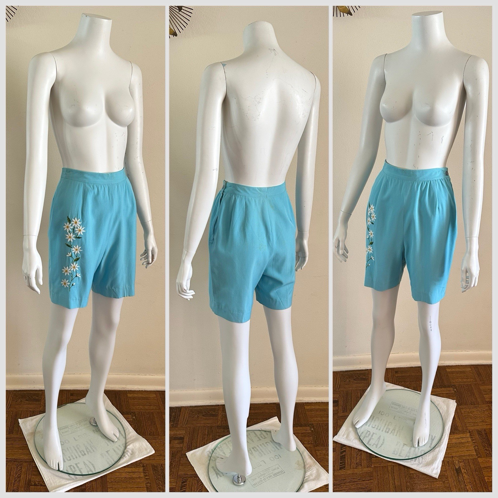 1940s Embroidered Daisy Floral Side Zip Shorts Helen Harper Rayon Resort VTG