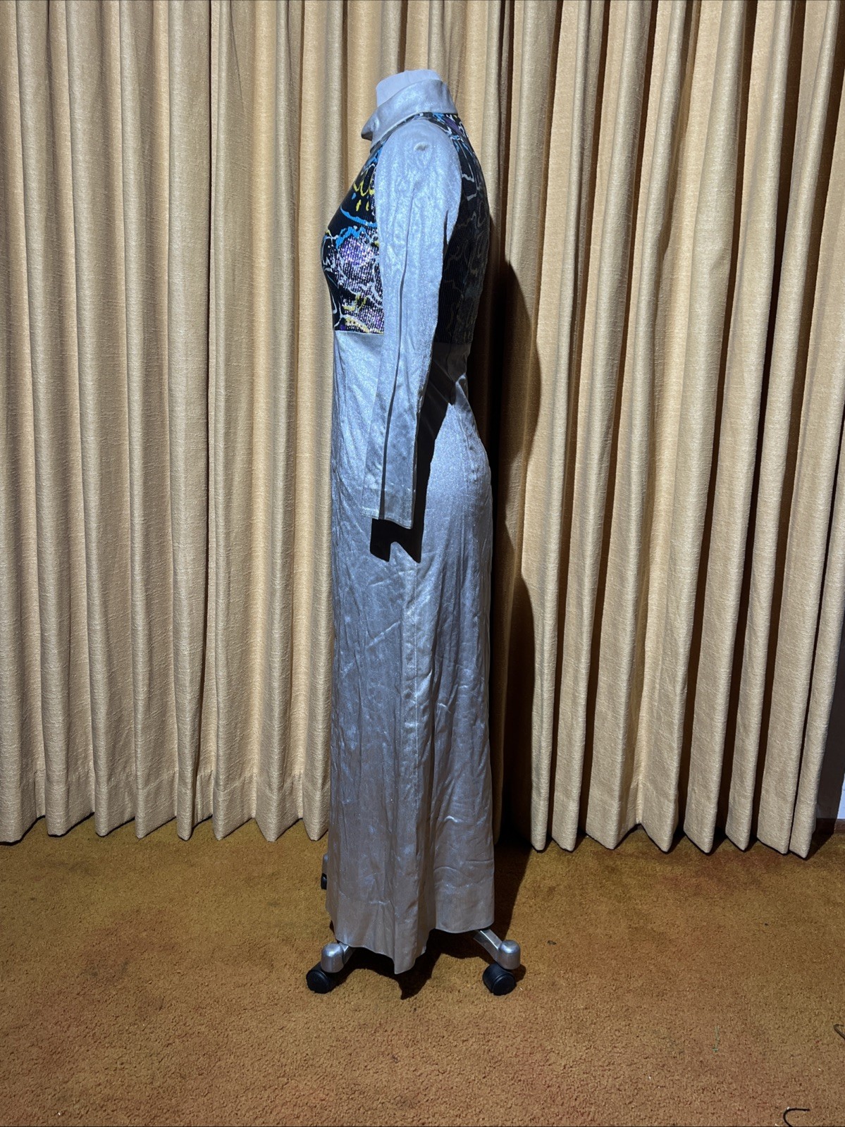 Vtg 1960s Liquid Silver Psychedelic Space Age Disco Maxi Dress With Bell Sleeves