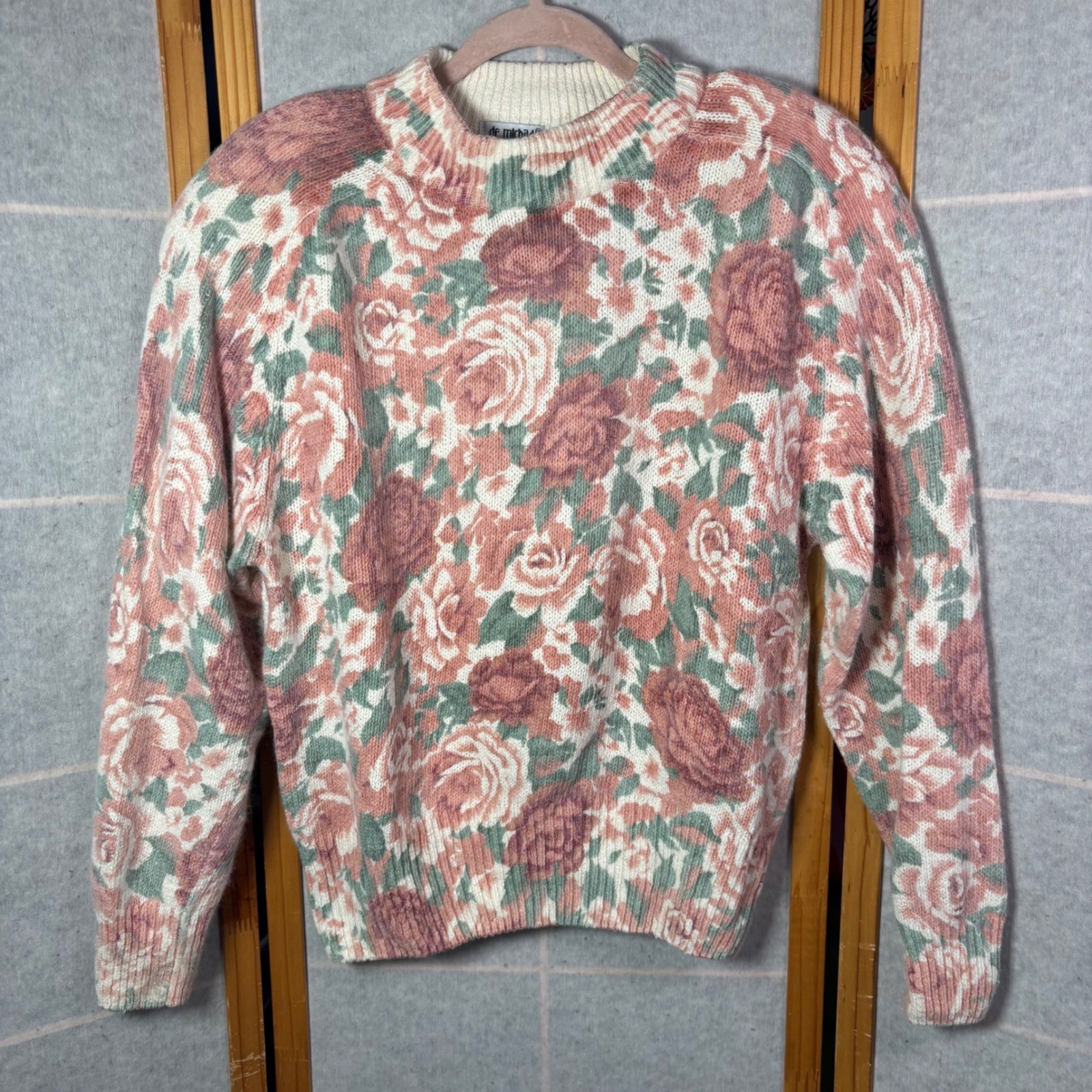 de rotchild Floral Silk Angora Blend Sweater M Pink Cream Rose Vintage Raglan