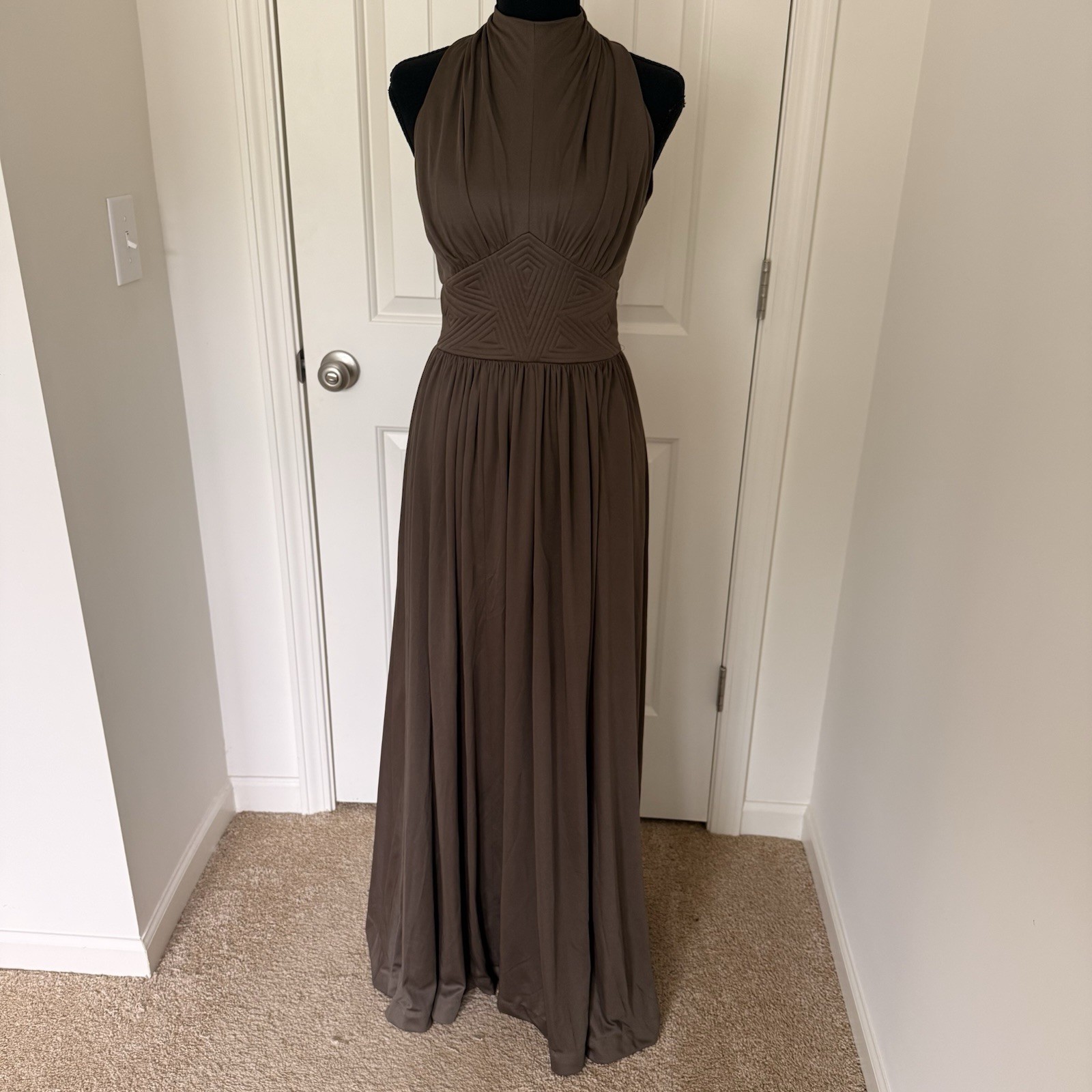 Donald Brooks Halter Maxi Dress S/M Disco Goddess Gown Taupe Brown Cape Vintage