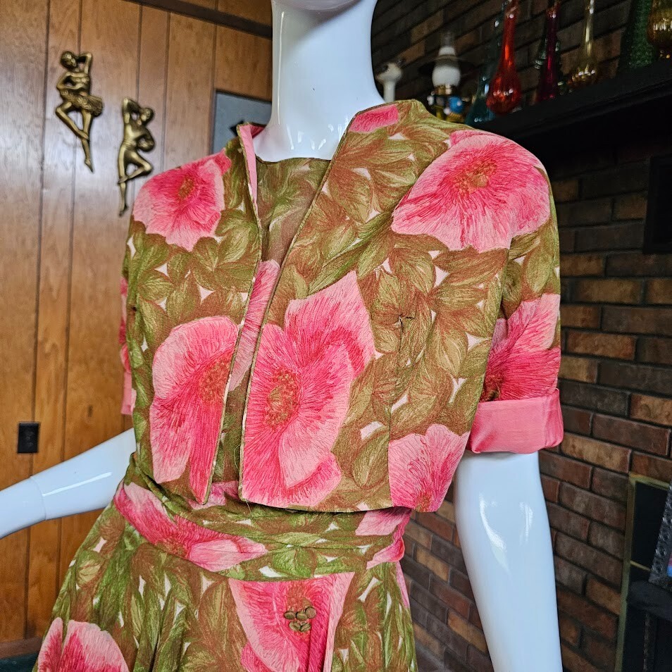Vtg 40s Chiffon Pink & Green Impressionist Floral Full Swing Skirt w/ Bolero M