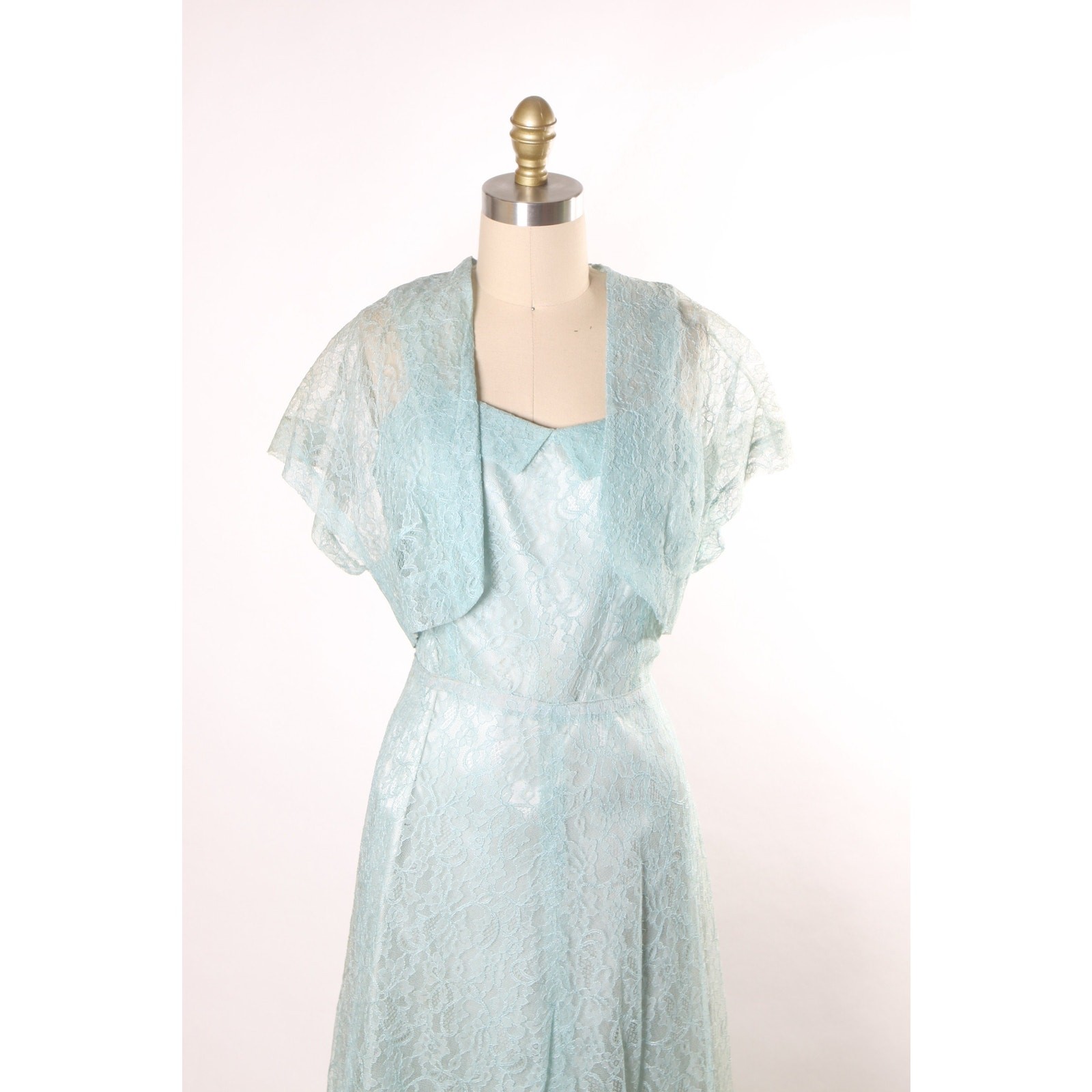 1940s 1950s Blue Sheer Lace Wide Strap Flared Skirt Dress with Matching Jacket