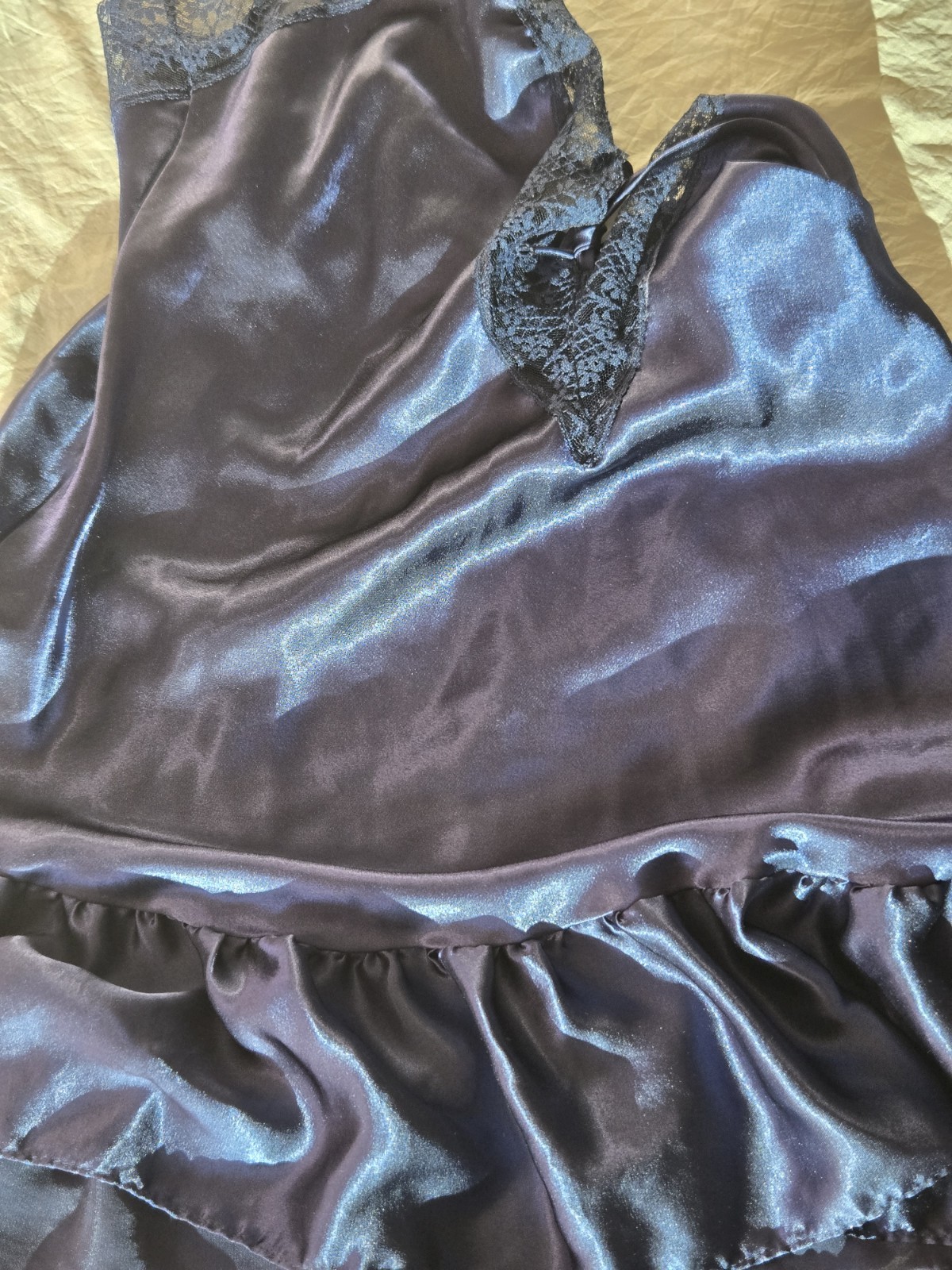 Vintage Feather Bed Intimates Blue Satin Finish Lace Chemise Nightgown M