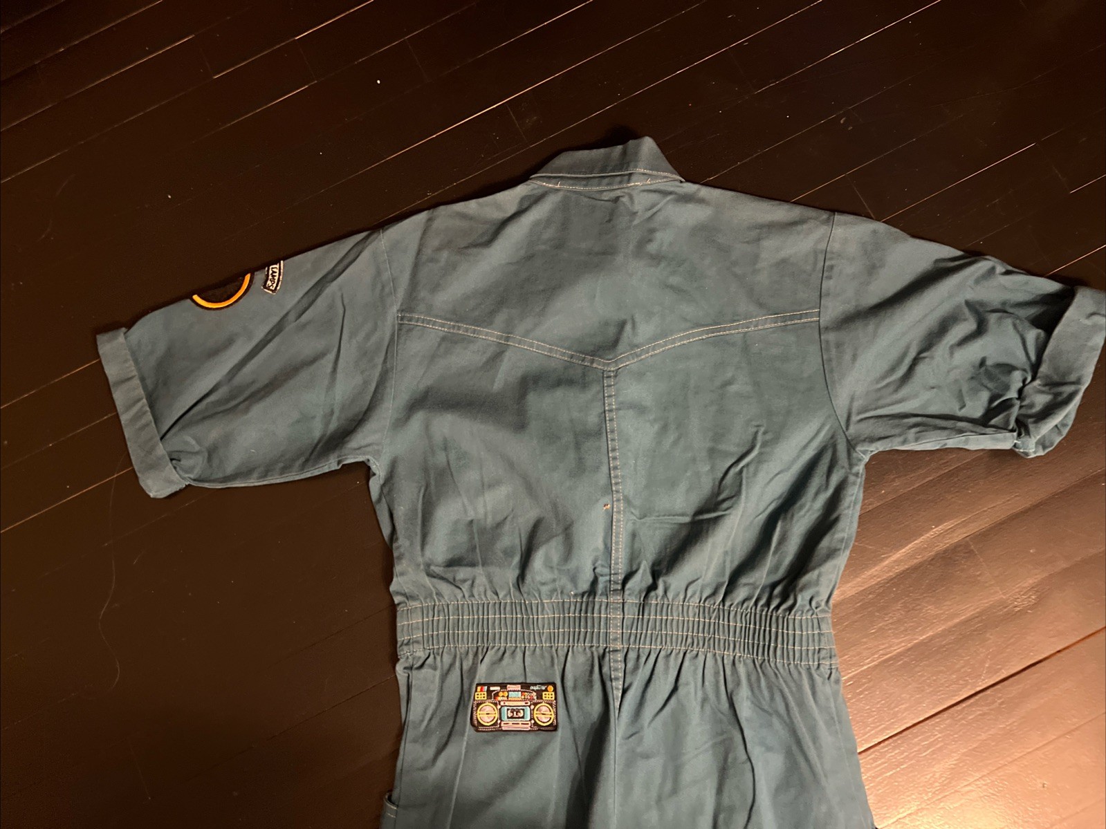 Vintage 1980s Dreams Snap Front Elastic Waist Green Jumpsuit w/patches Sz SM