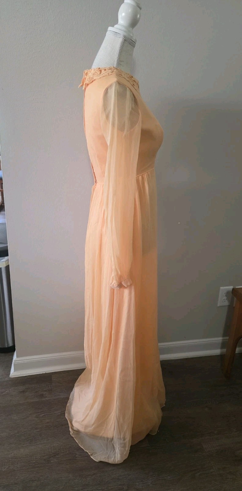 1970s Dress Size 4 Peach Silk Chiffon Long Sleeve Maxi Bridesmaid Vintage