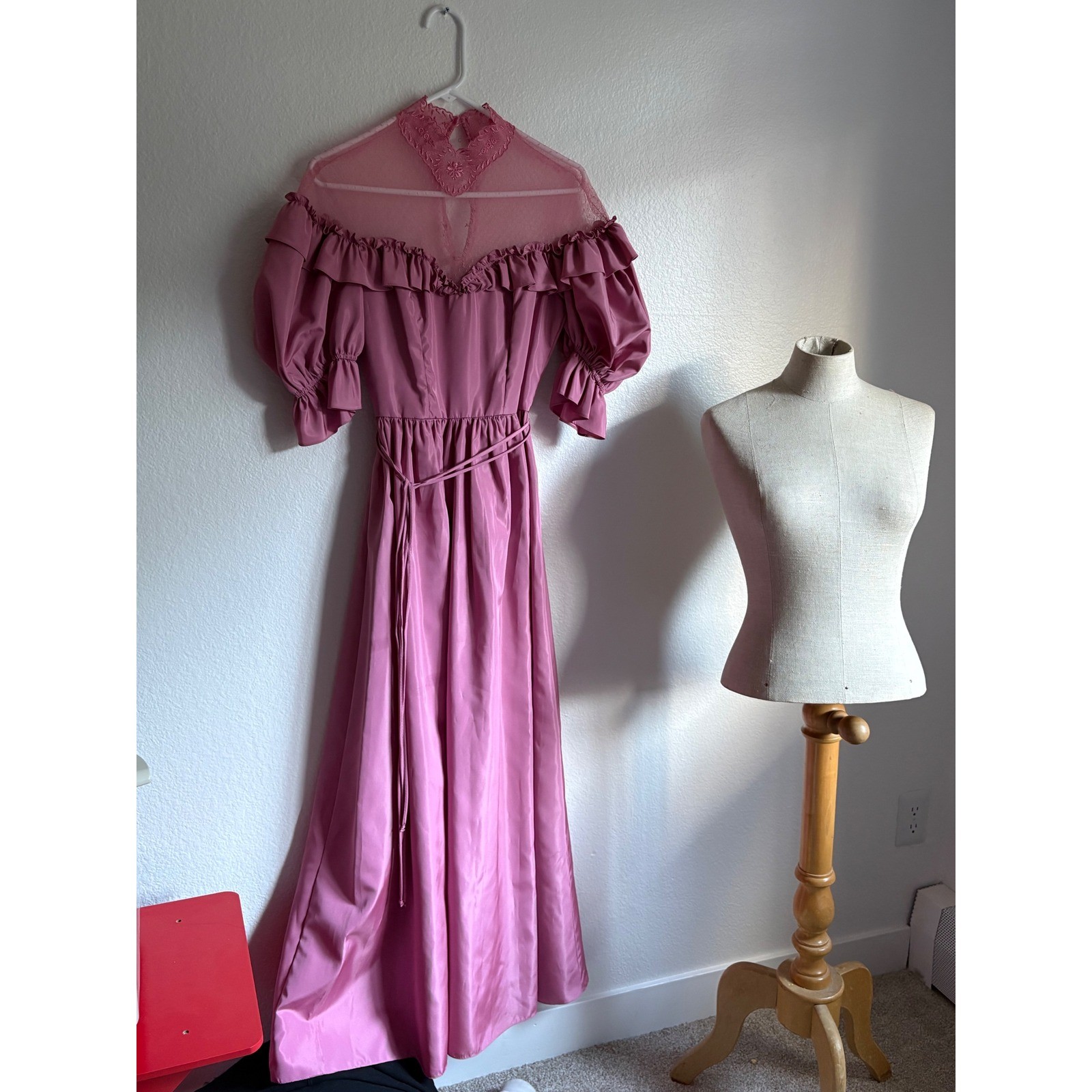 Vintage Mauve Pink Prairie Maxi Dress Sheer Mesh Yoke Ruffle Puff Sleeve