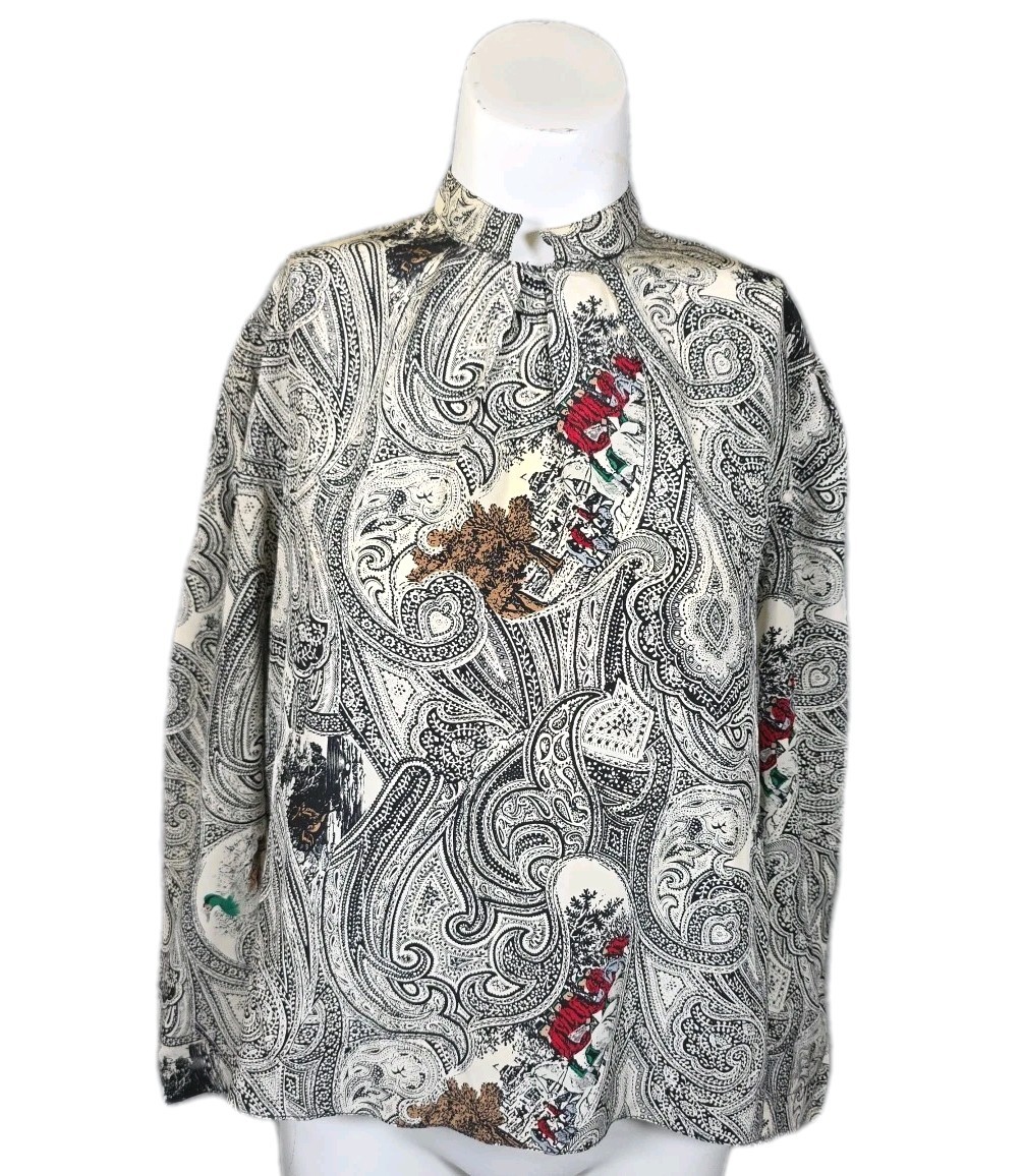 Vtg POGIA by d. Polimeni Silk Blouse Equestrian Fox Hunt Paisley Secretary Top 4