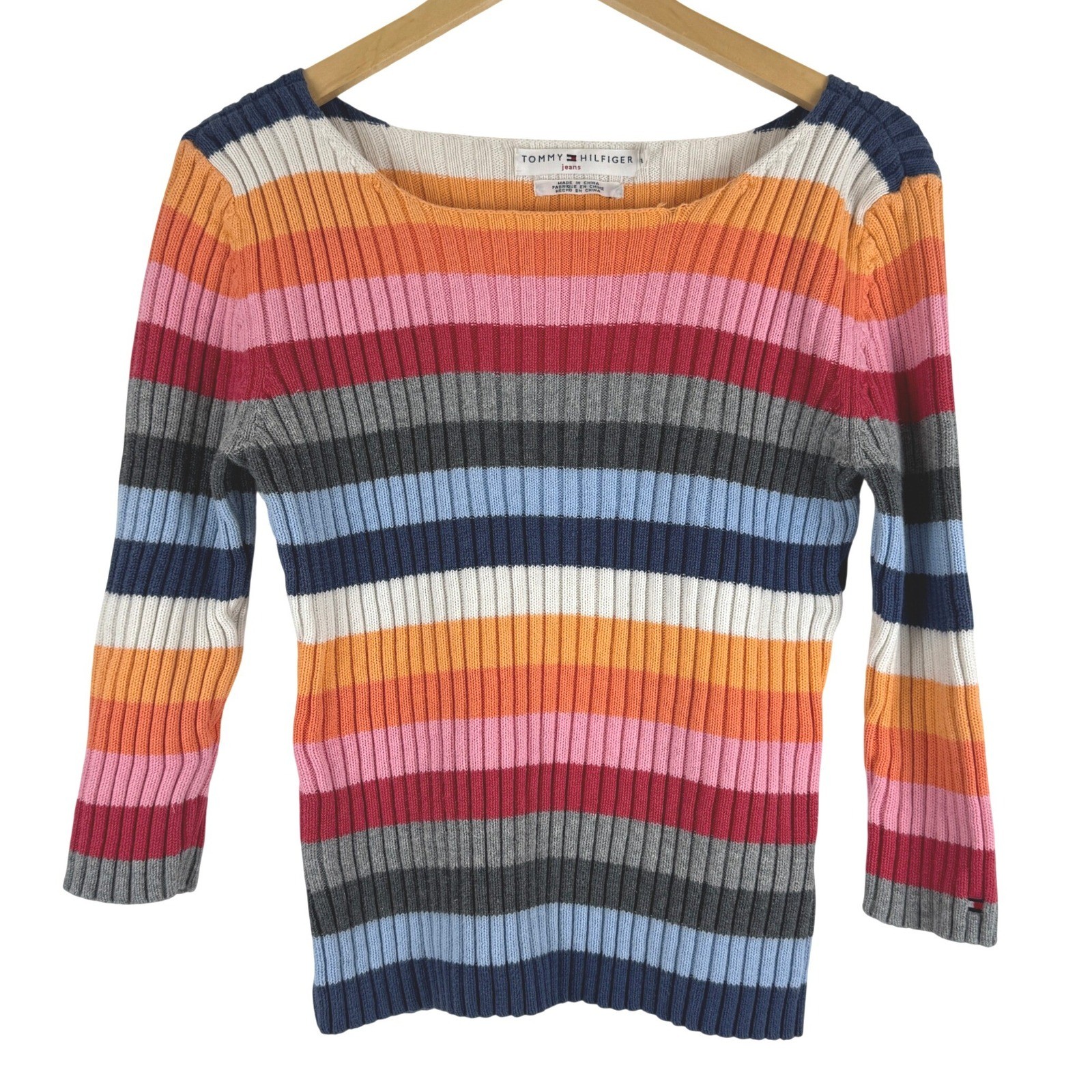 Tommy Hilfiger Jeans Vintage 2001 Striped Ribbed Knit Square Neck Sweater L/G
