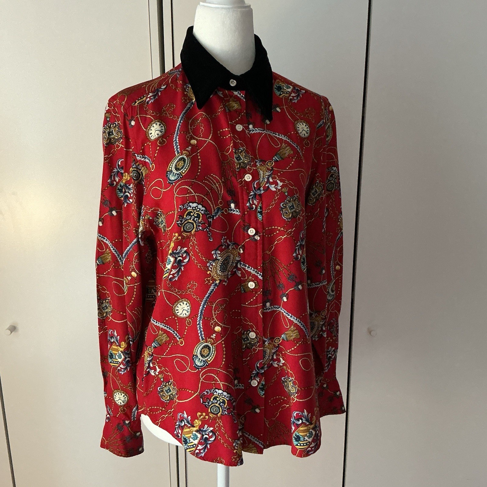VTG tommy hilfiger shirt Watch Chain Scarf Print Red Holiday Velvet 90s 6 S M